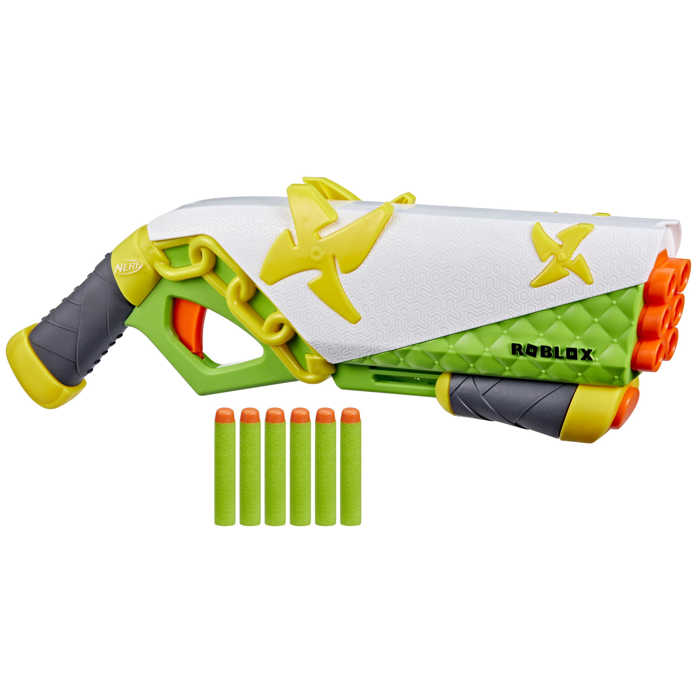 Fucile Nerf Roblox con colori verdi e gialli, con dardi arancioni.