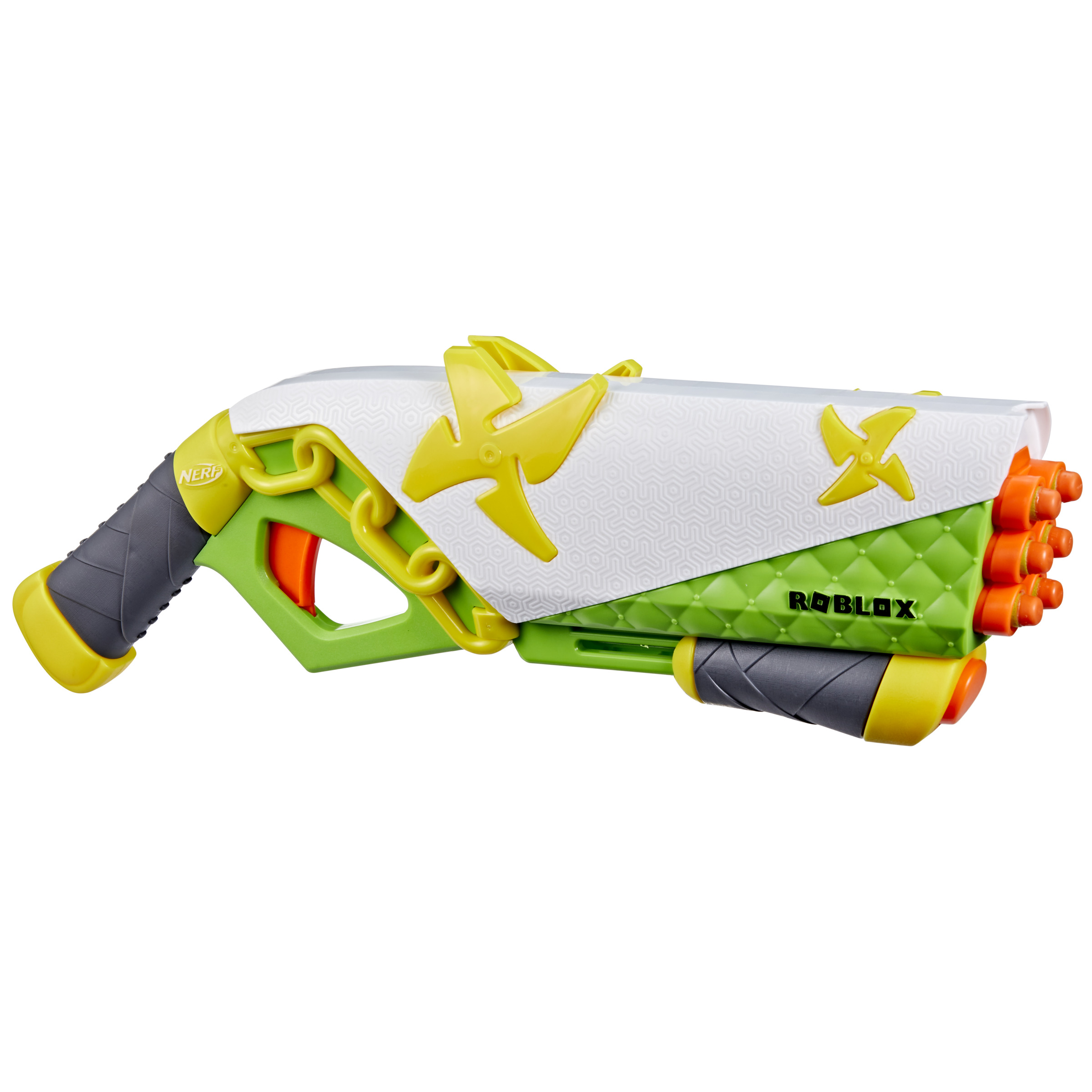 Pistola Nerf Roblox verde e bianca con accenti gialli.