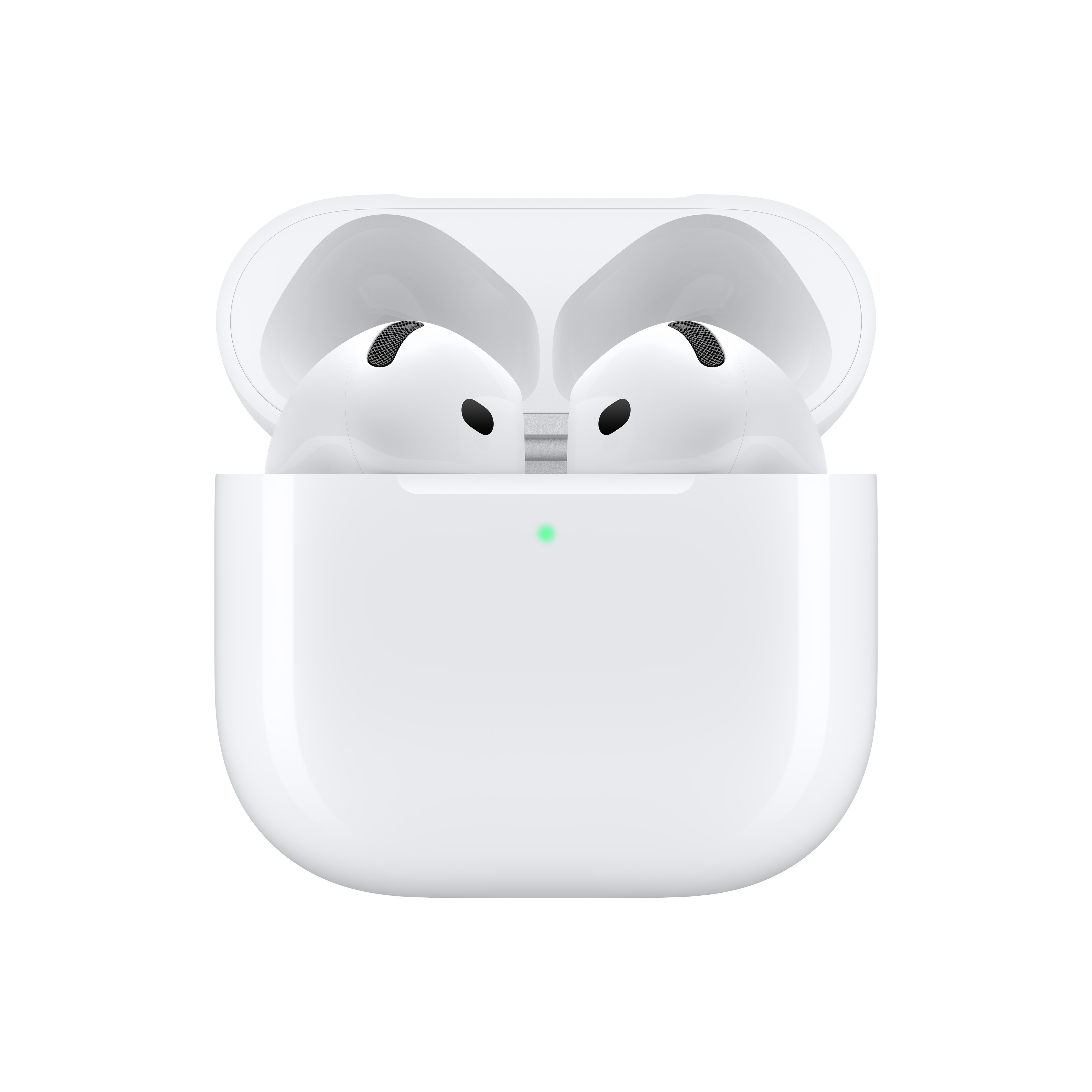 Białe AirPods Apple w otwartym białym etui ładującym. Etui ma zielone światło. Tło jest białe.
