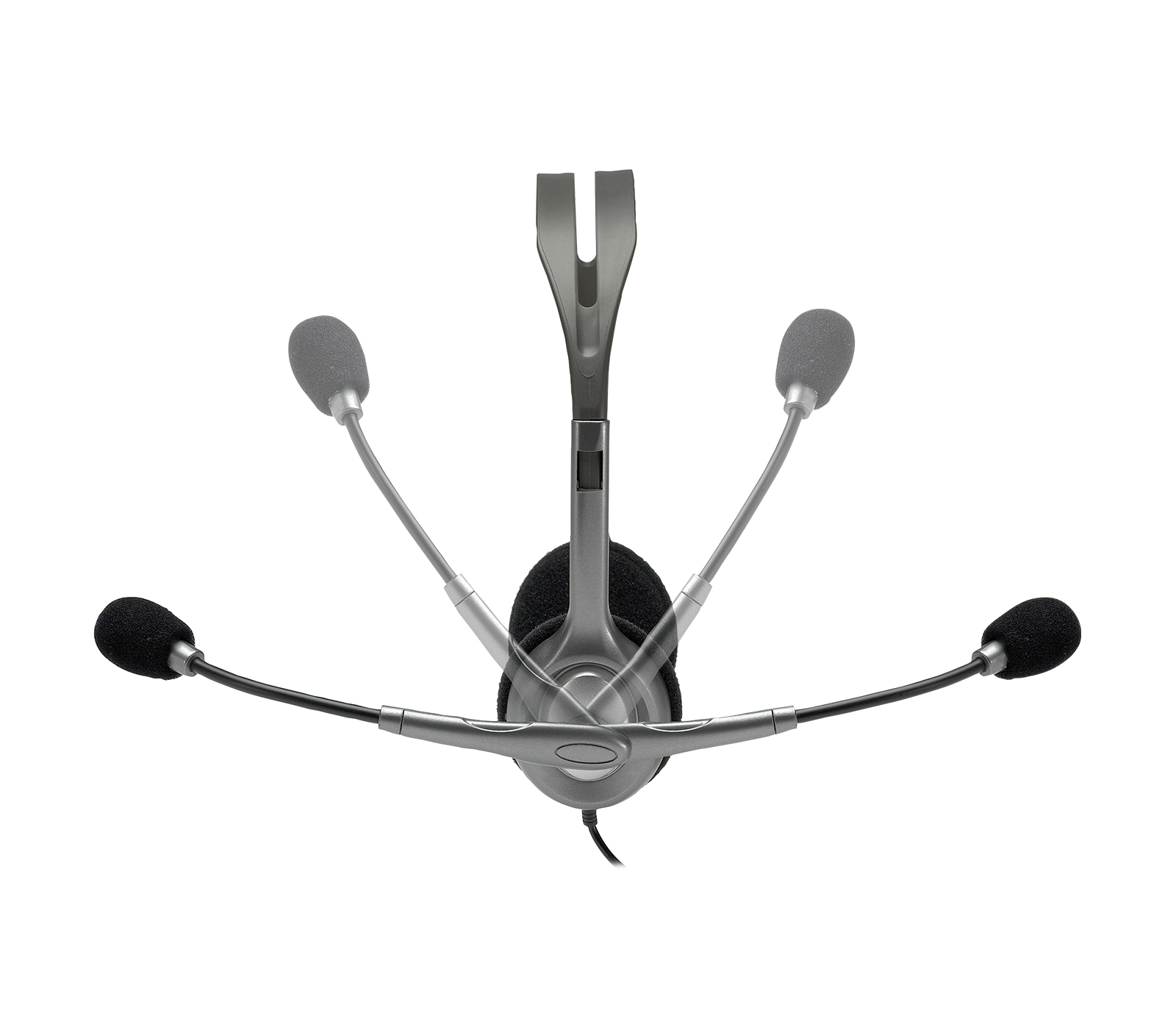 Zestaw słuchawkowy z wieloma mikrofonami. Zestaw jest srebrny i czarny.
