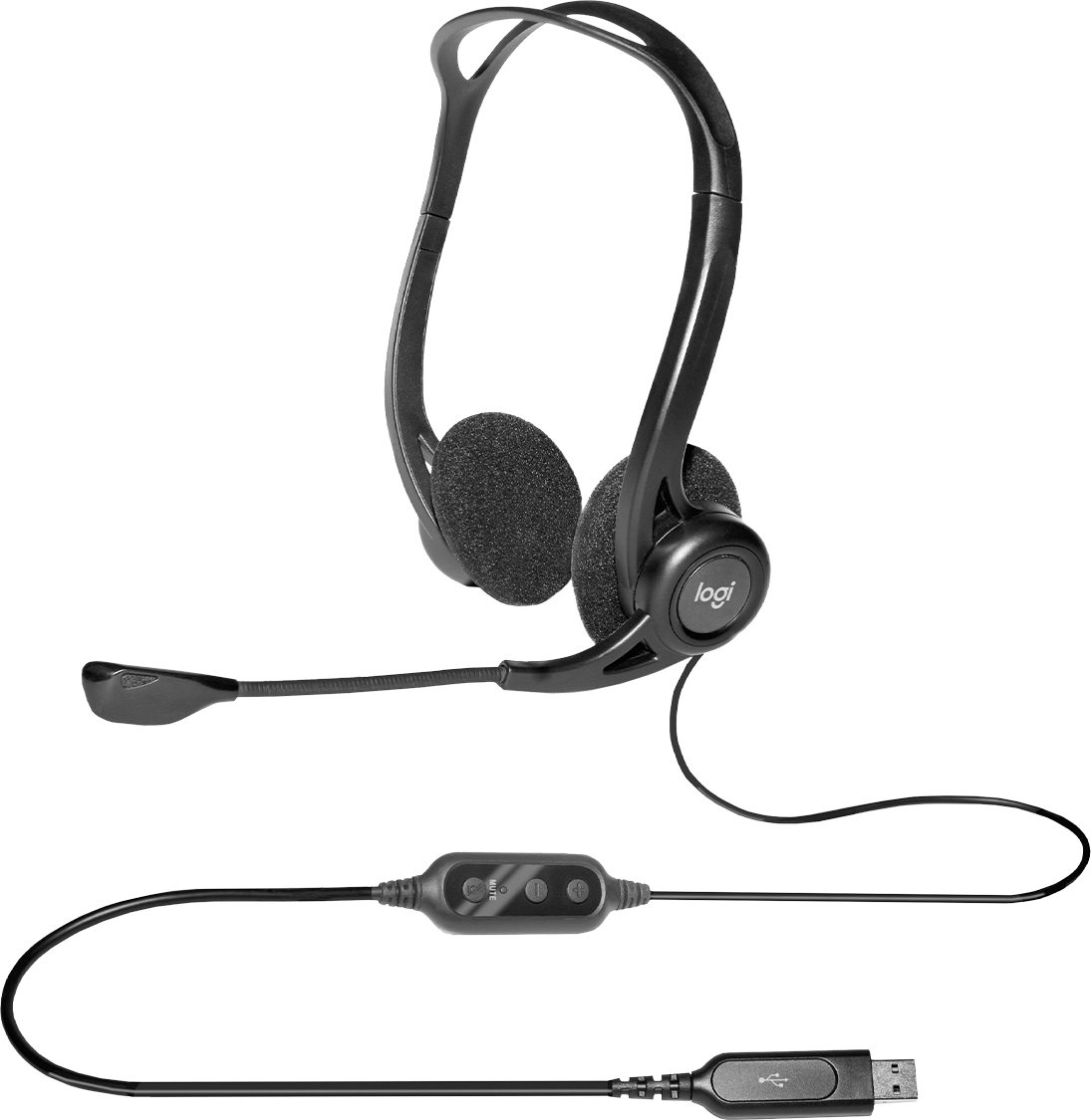 Cuffie nere con microfono e connettore USB. Lo sfondo è bianco.