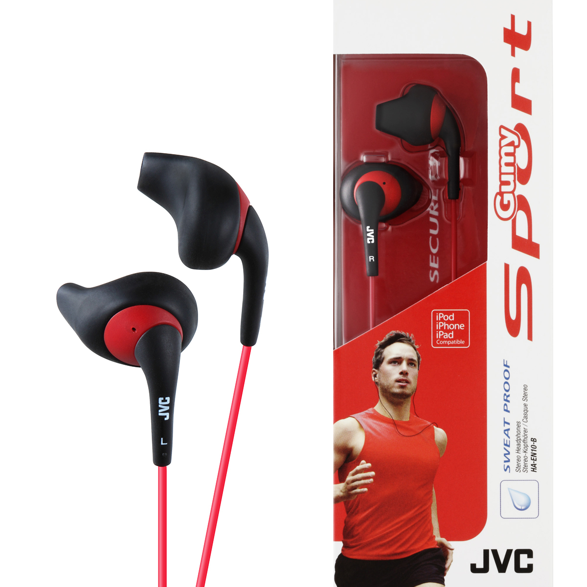 Auricolari JVC rossi e neri con confezione che mostra un corridore.