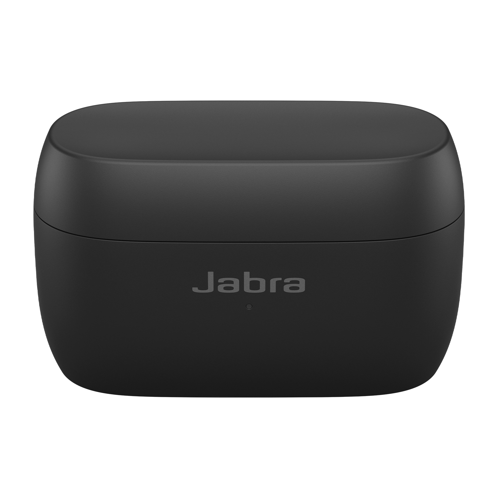 Schwarzes Jabra-Ladeetui. Der Markenname ist auf dem Etui aufgedruckt.