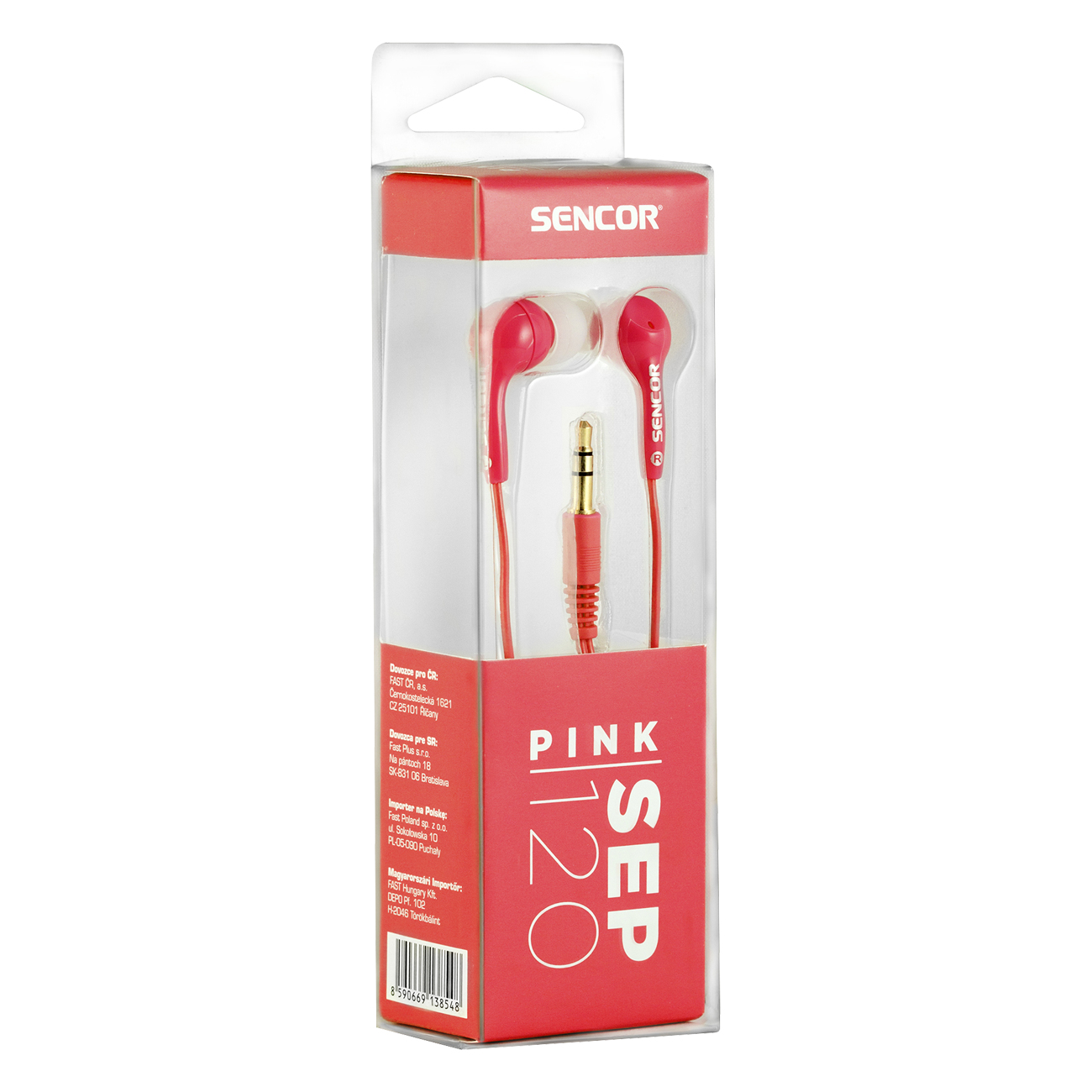 Roze Sencor SEP 120 oortelefoons in een transparante plastic verpakking met rode accenten.