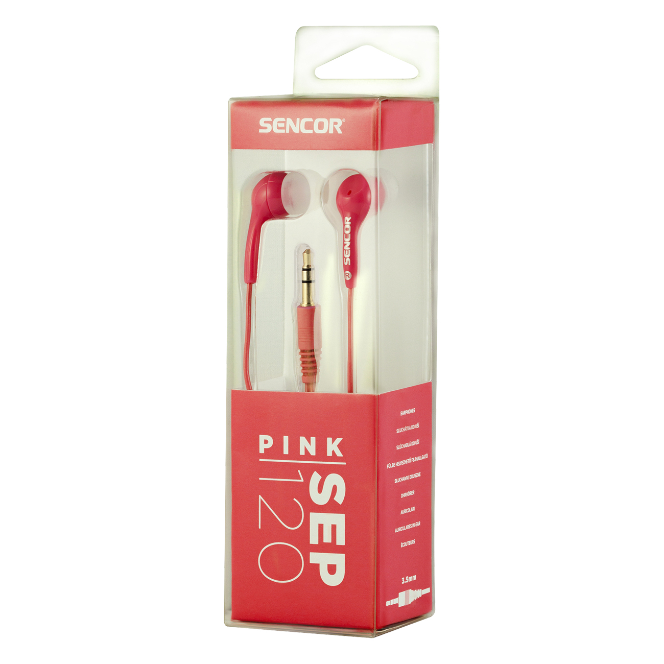 Roze Sencor oortelefoons in een doorzichtige doos. Roze, rode en zwarte details. Witte achtergrond.