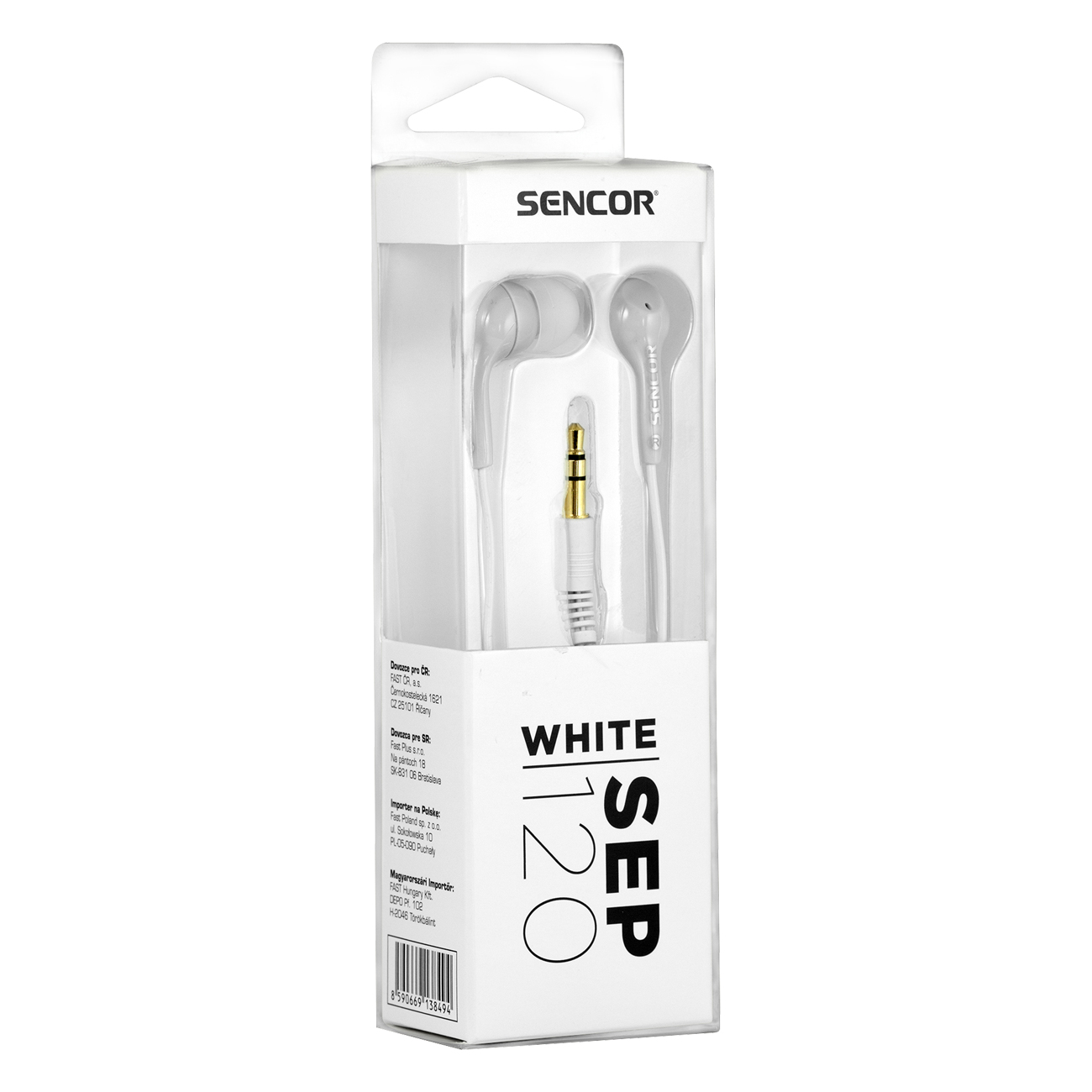 Auricolari Sencor bianchi in una scatola trasparente. Dettagli bianchi, oro e neri. Sfondo bianco.
