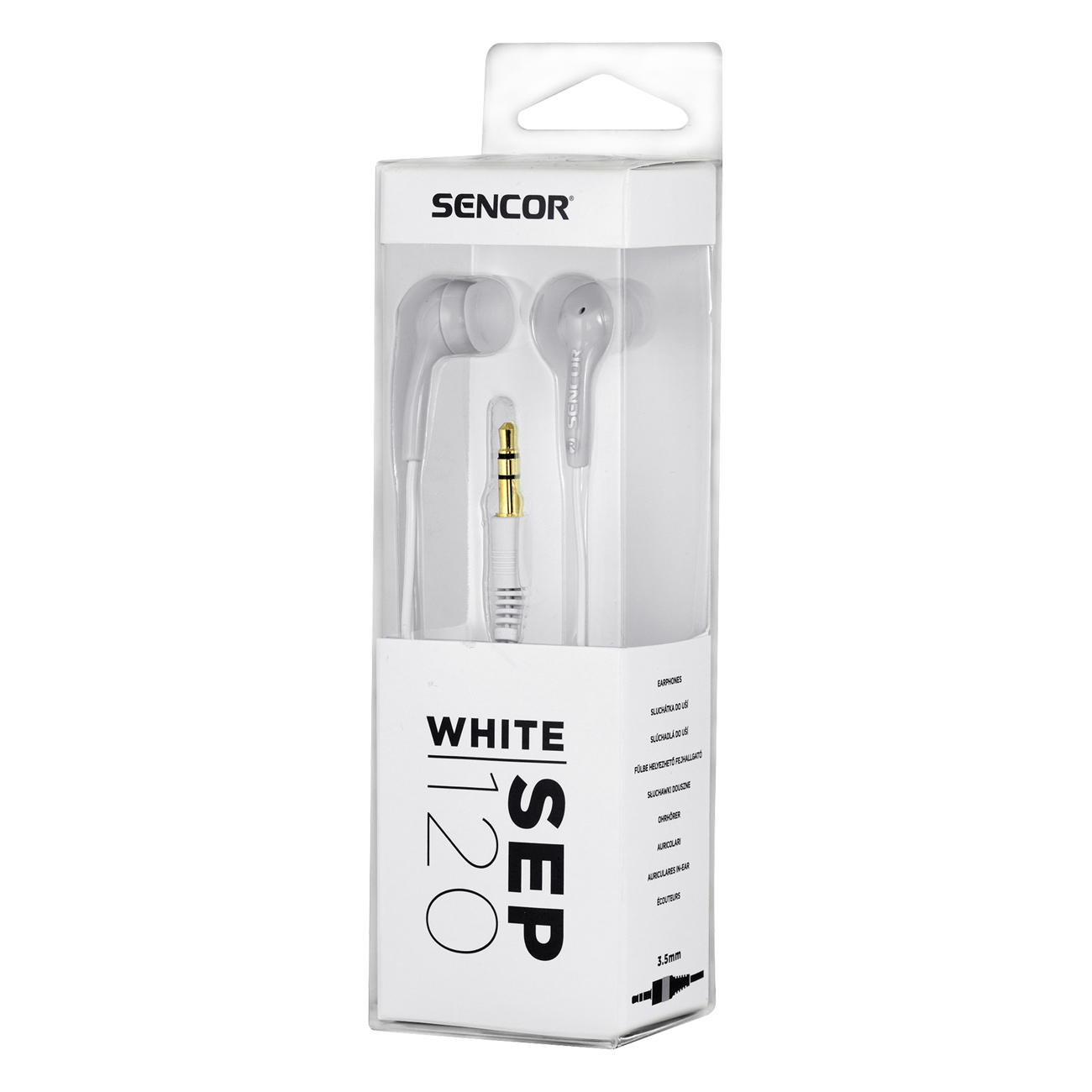 Auricolari bianchi in confezione scatola bianca. Sfondo bianco.