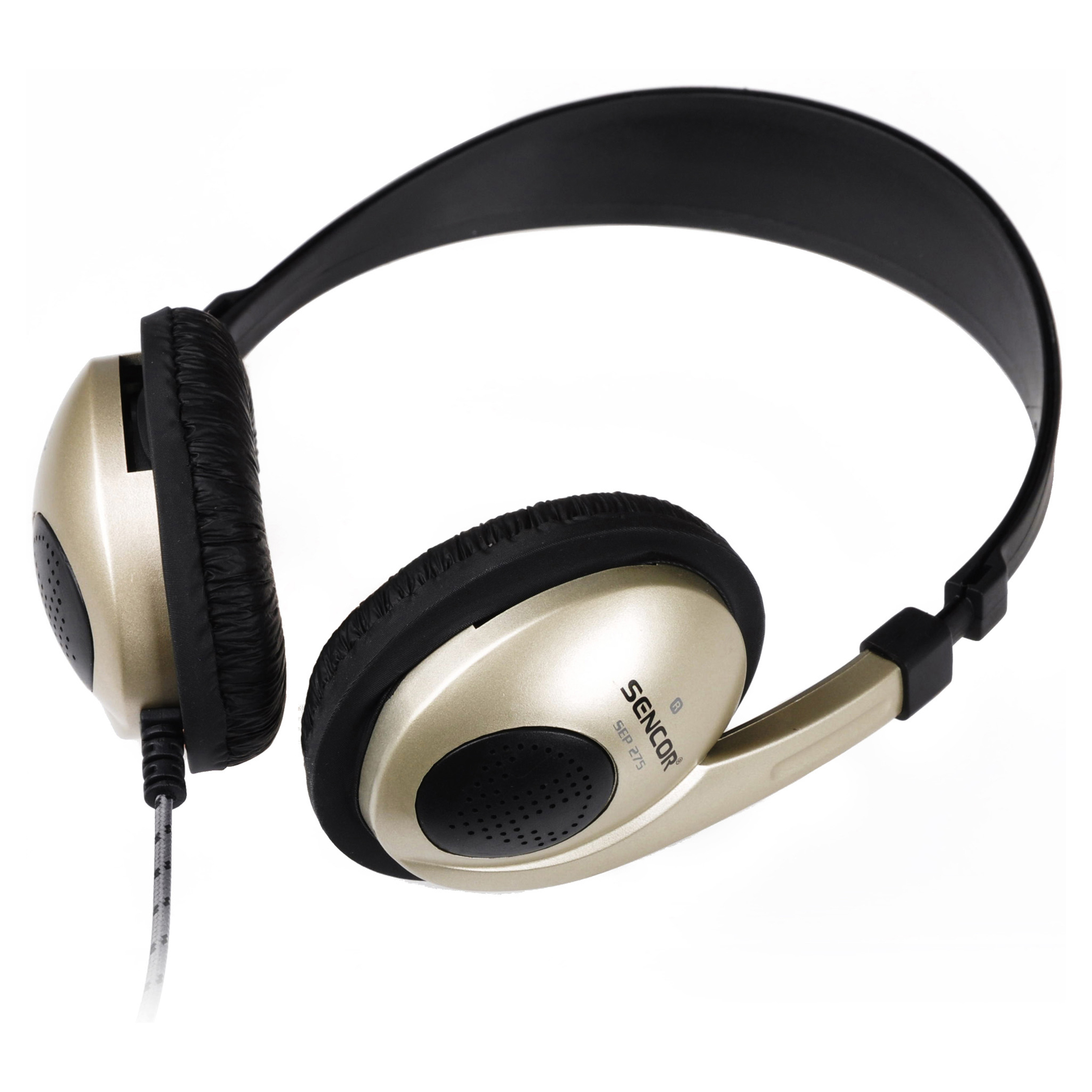 Cuffie Sencor oro e nere con cavo collegato.