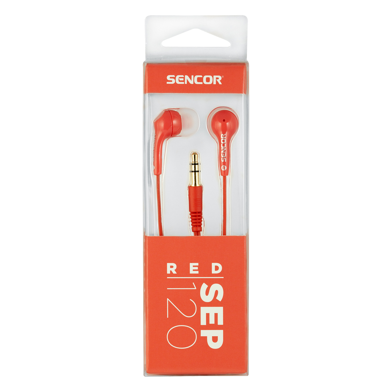 Rote Sencor-Ohrhörer in einer Box.