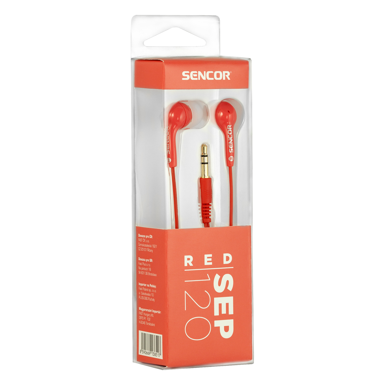 Rote Sencor SEP 120 Ohrhörer in klarer Kunststoffverpackung mit roten und weißen Akzenten.