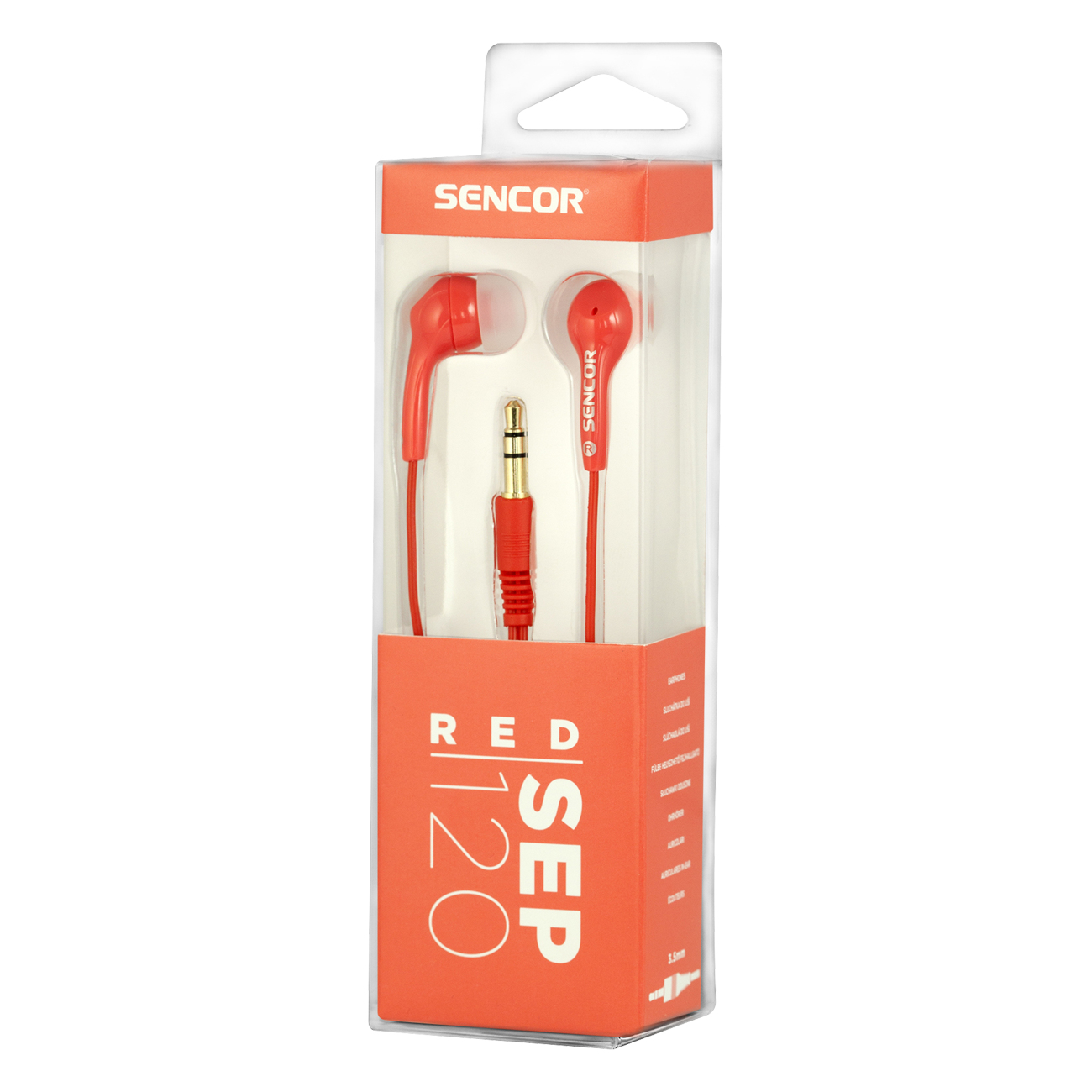 Rote Ohrhörer in einer Schachtel. Text: Red SEP 120, Sencor. Weißer Hintergrund.