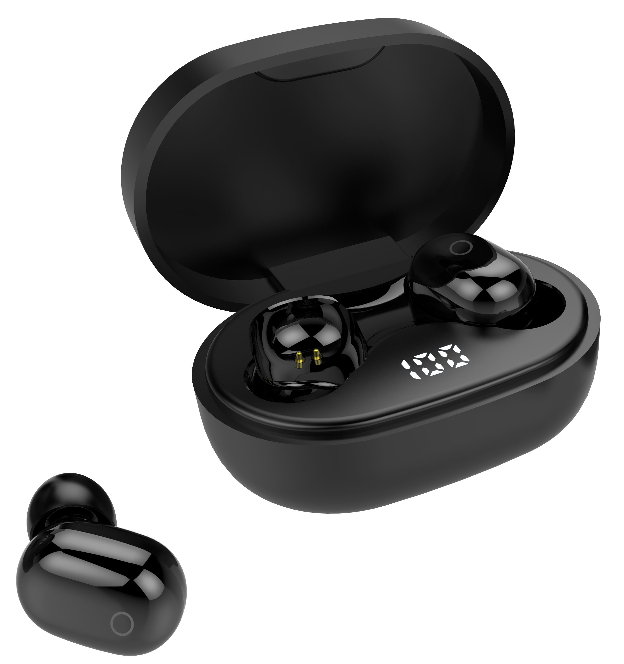 Czarne bezprzewodowe słuchawki w otwartym czarnym etui ładującym. Wyświetlacz pokazuje procent baterii.