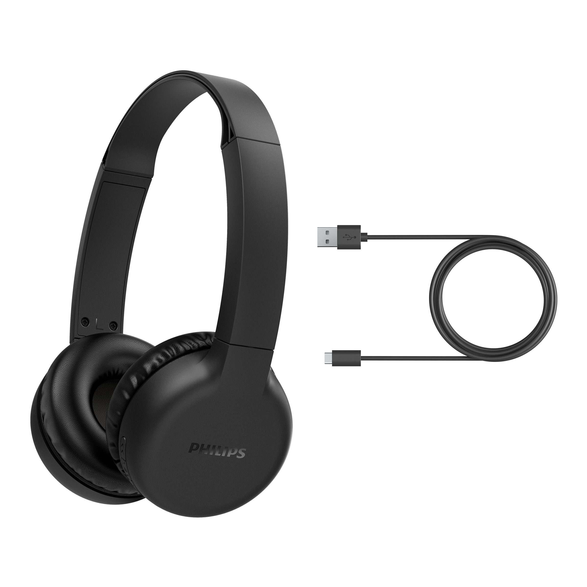 Siyah kablolu ve USB ve USB-C konektörlü siyah Philips kulaklıklar. Beyaz fon.
