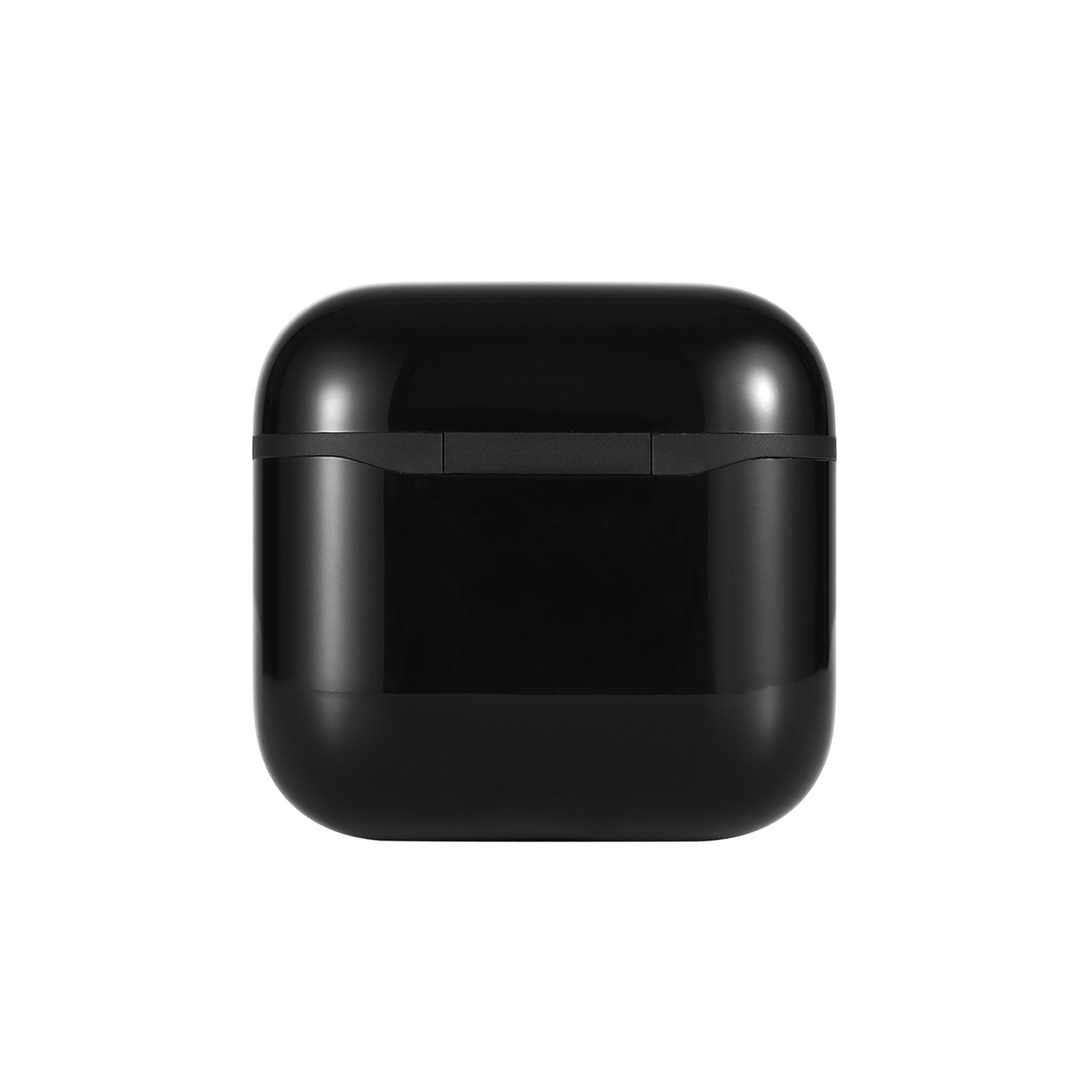 Un astuccio di ricarica quadrato nero per auricolari wireless, con coperchio leggermente aperto.