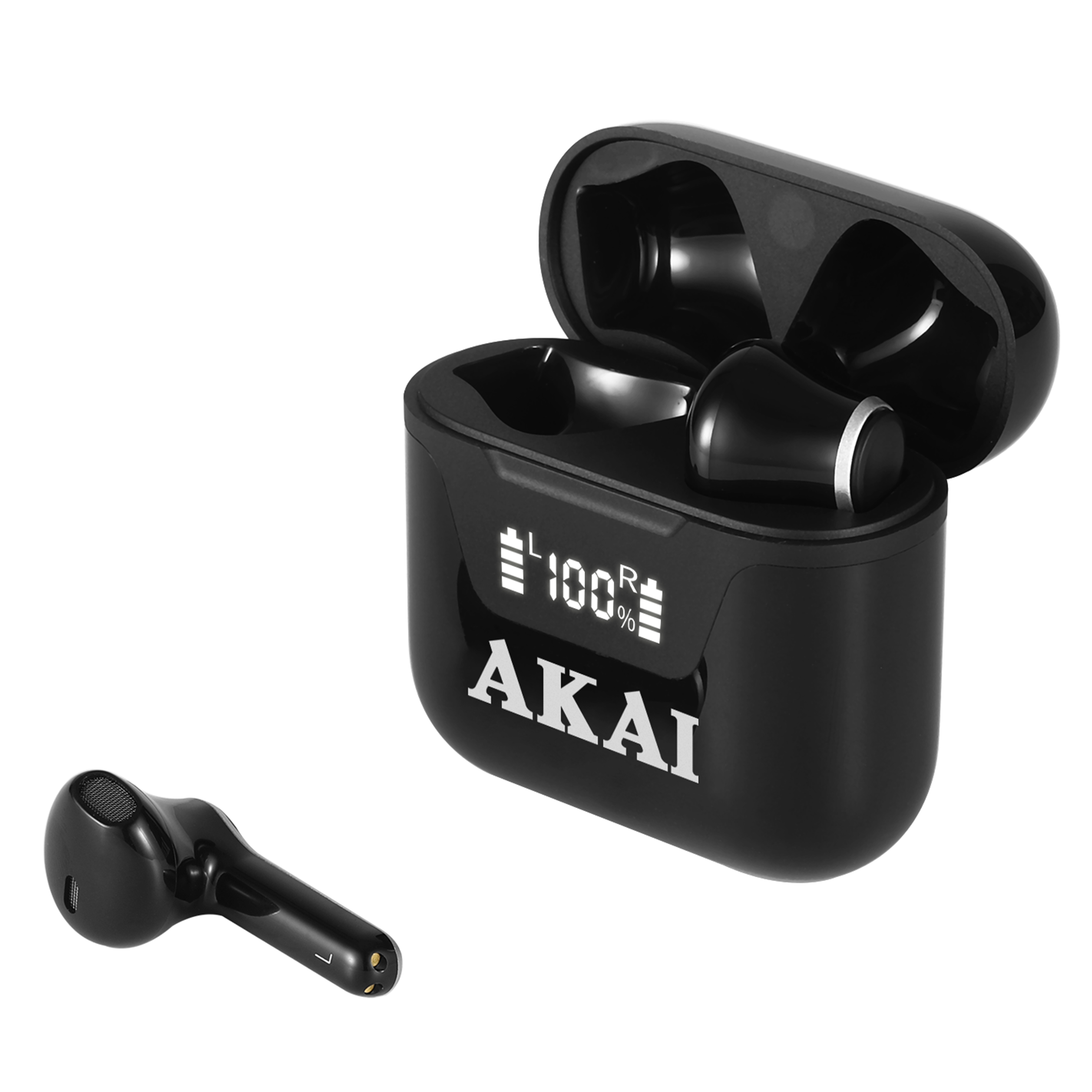 Auricolari AKAI neri in una custodia di ricarica nera, sfondo bianco.