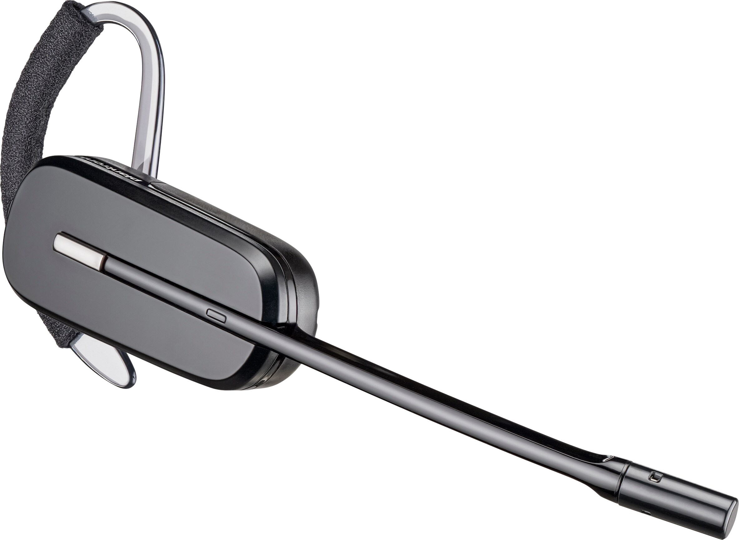 Una cuffia Bluetooth nera e argento, con un microfono a braccio.