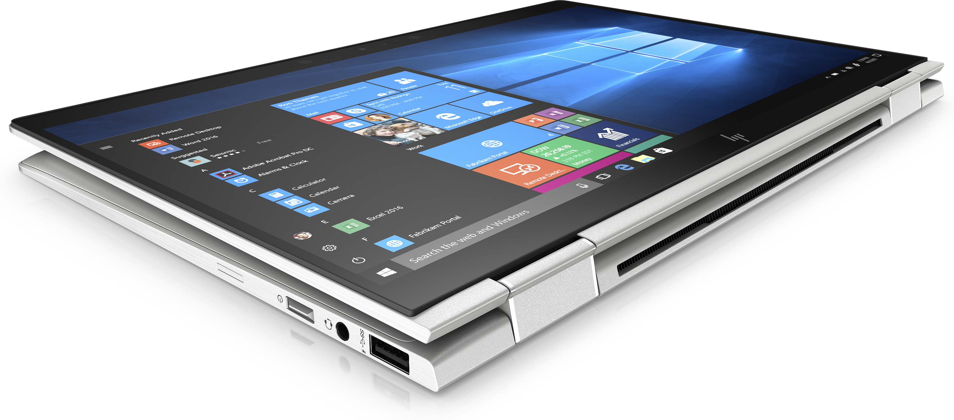 Laptop with open screen showing Windows interface. White background.