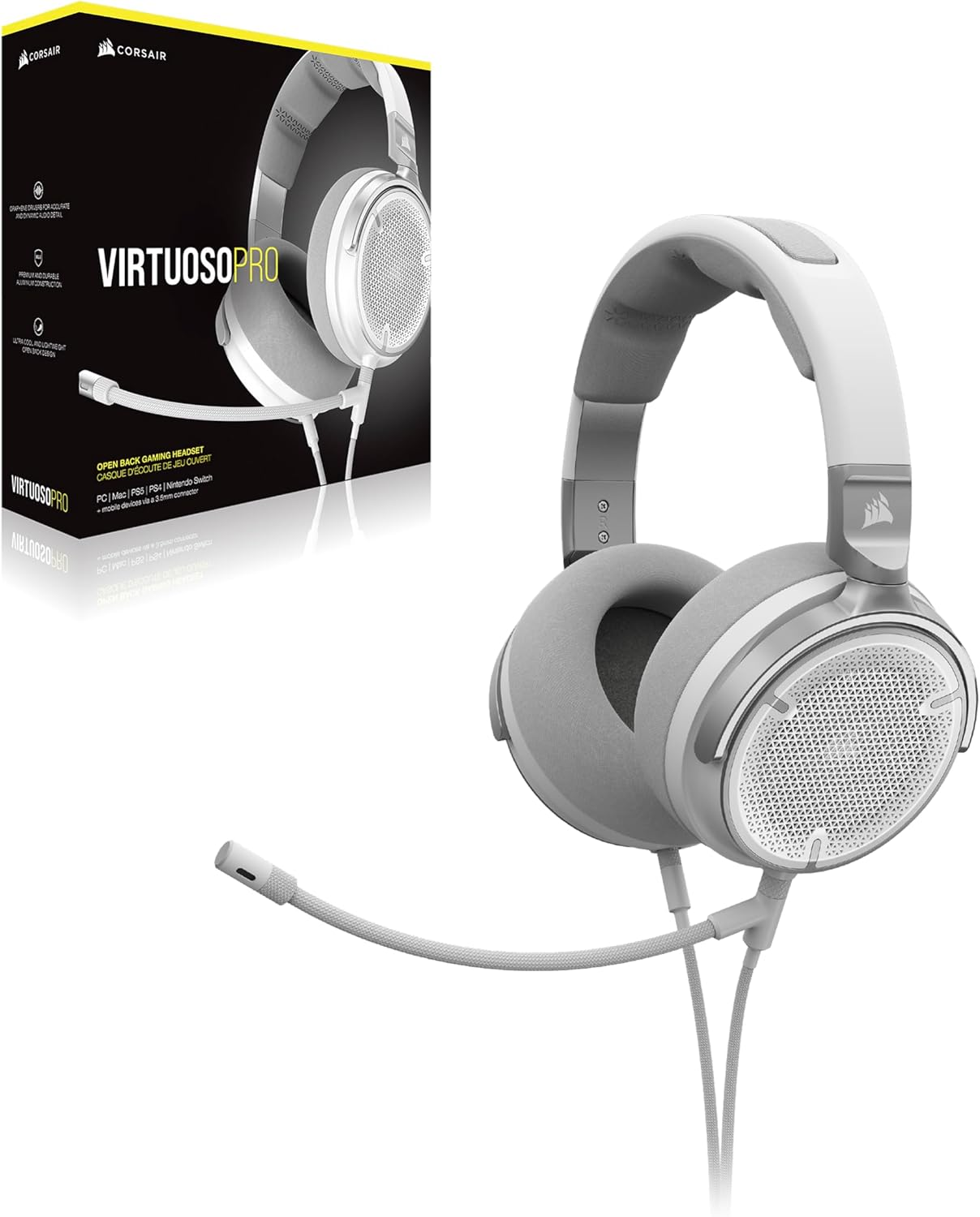 Biało-szary zestaw słuchawkowy dla graczy z mikrofonem i pudełkiem.