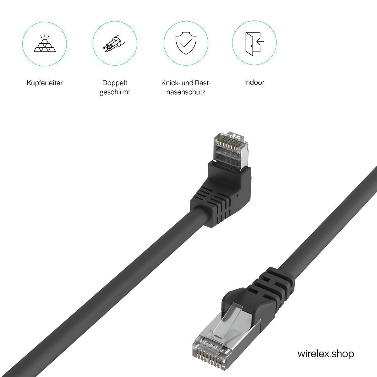 Schwarzes Ethernet-Kabel mit Steckern, neben Symbolen, die Funktionen wie Kupferleiter detaillieren.