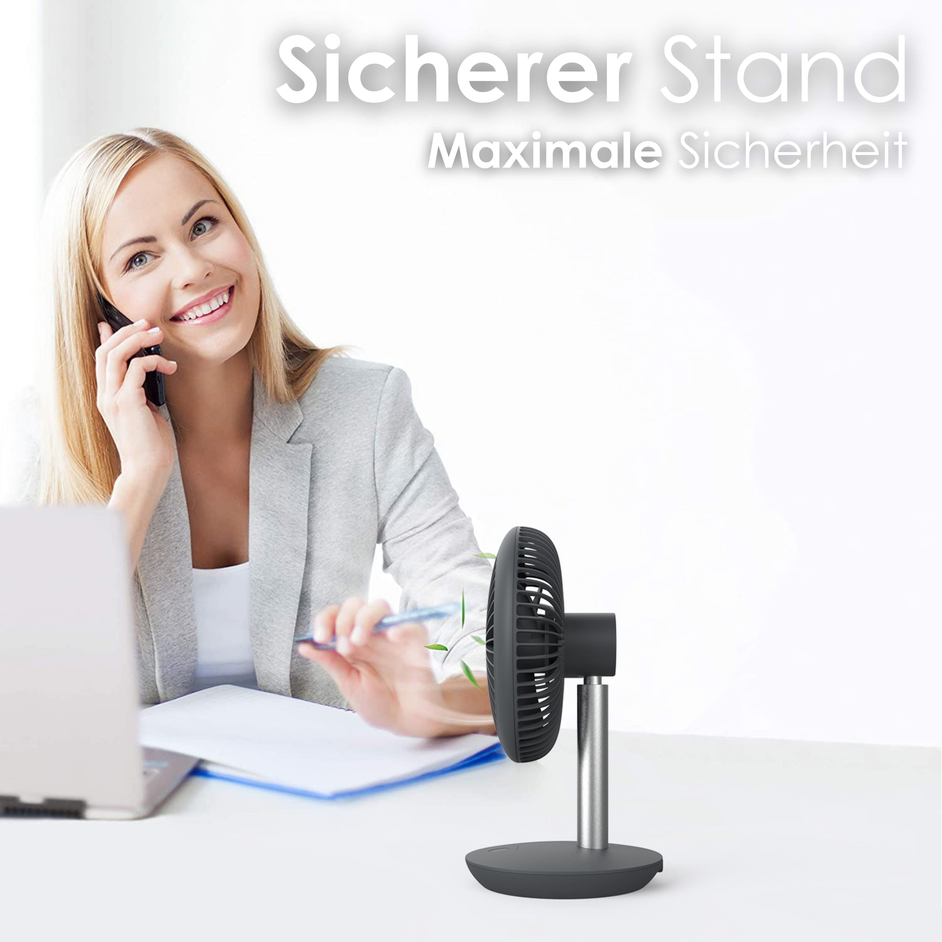 Frau am Telefon, lächelnd, mit Ventilator auf dem Schreibtisch. Text: Sicherer Stand Maximale Sicherheit