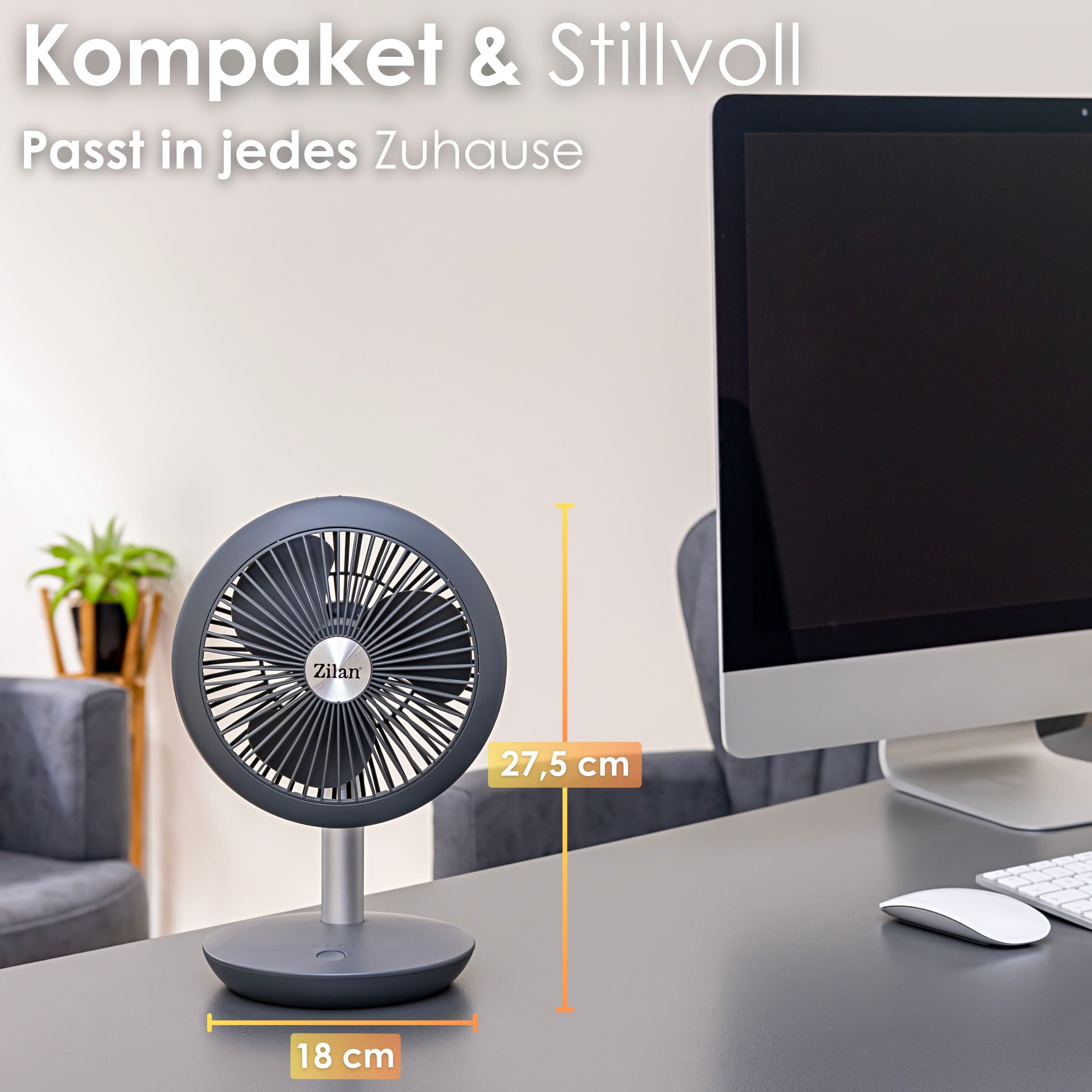 Kleiner grauer Schreibtischventilator, Abmessungen beschriftet, Text im Hintergrund.