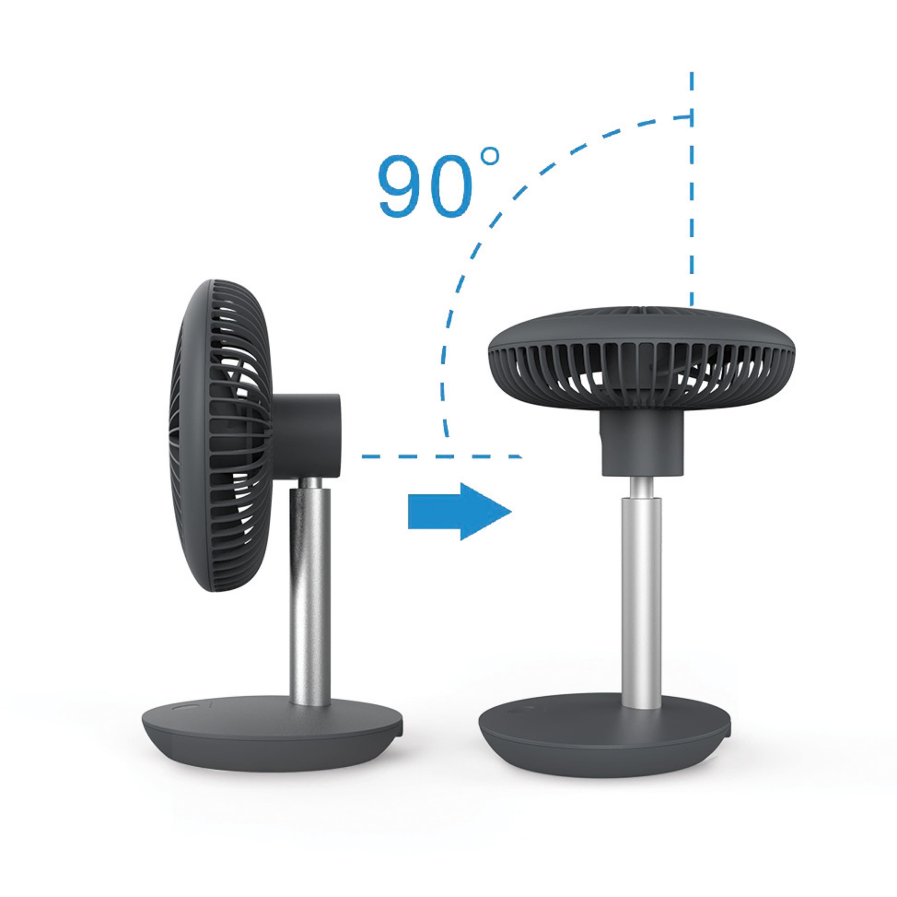 Schwarzer und silberner Ventilator, zwei Positionen, 90 Grad Drehung.