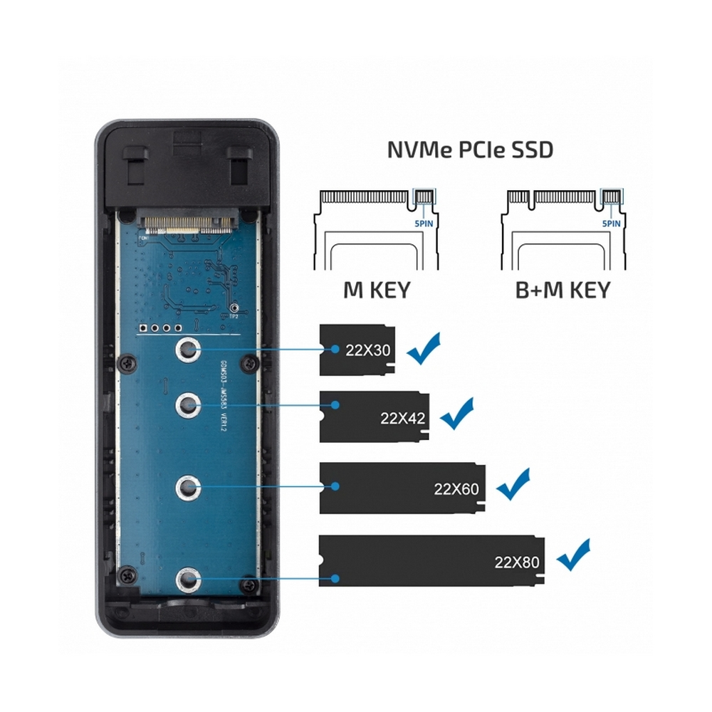 SSD NVMe PCIe con slot M Key e B+M Key, e diverse dimensioni.