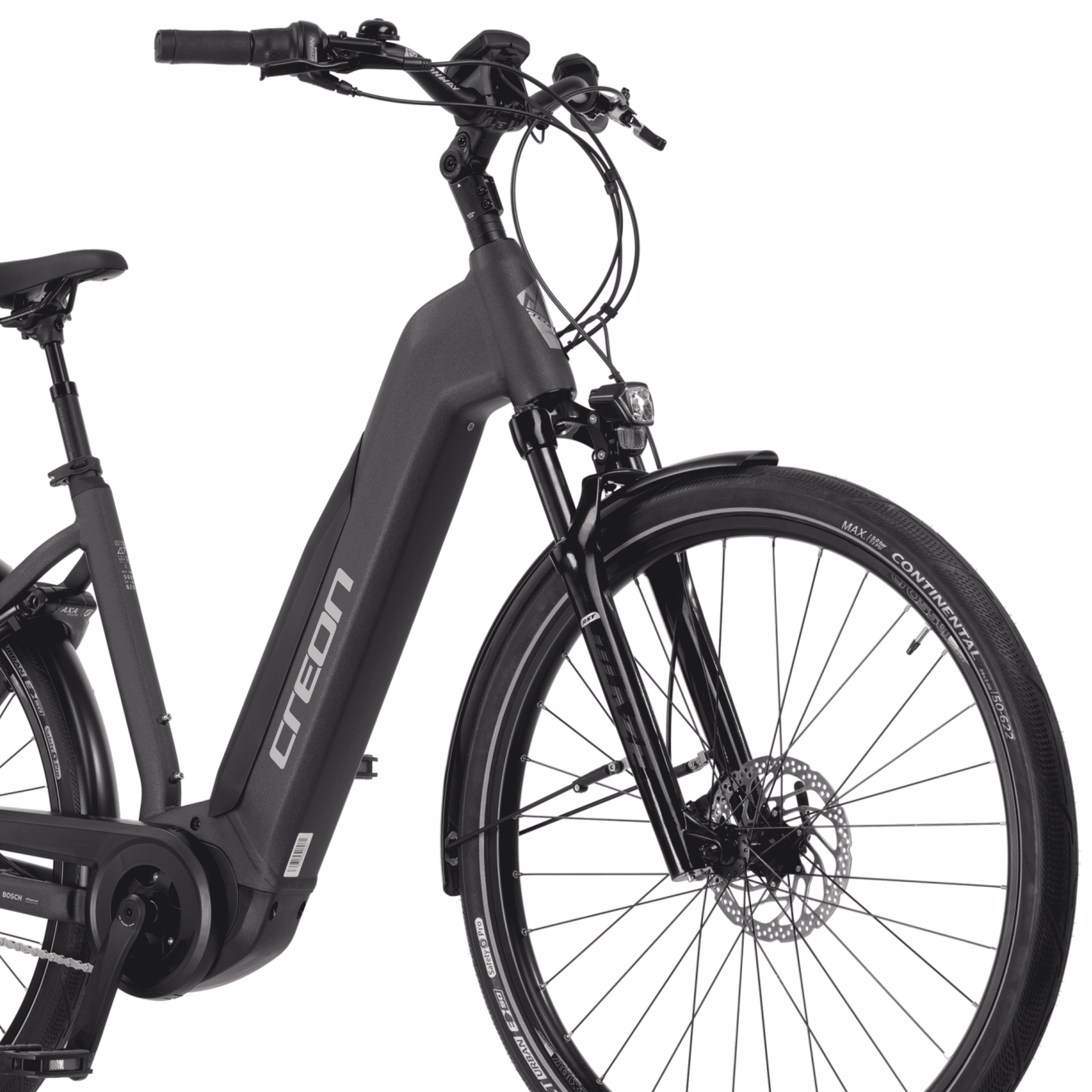 Ein schwarz-graues Creon Elektrofahrrad, Vorderansicht, mit sichtbarem Markennamen.