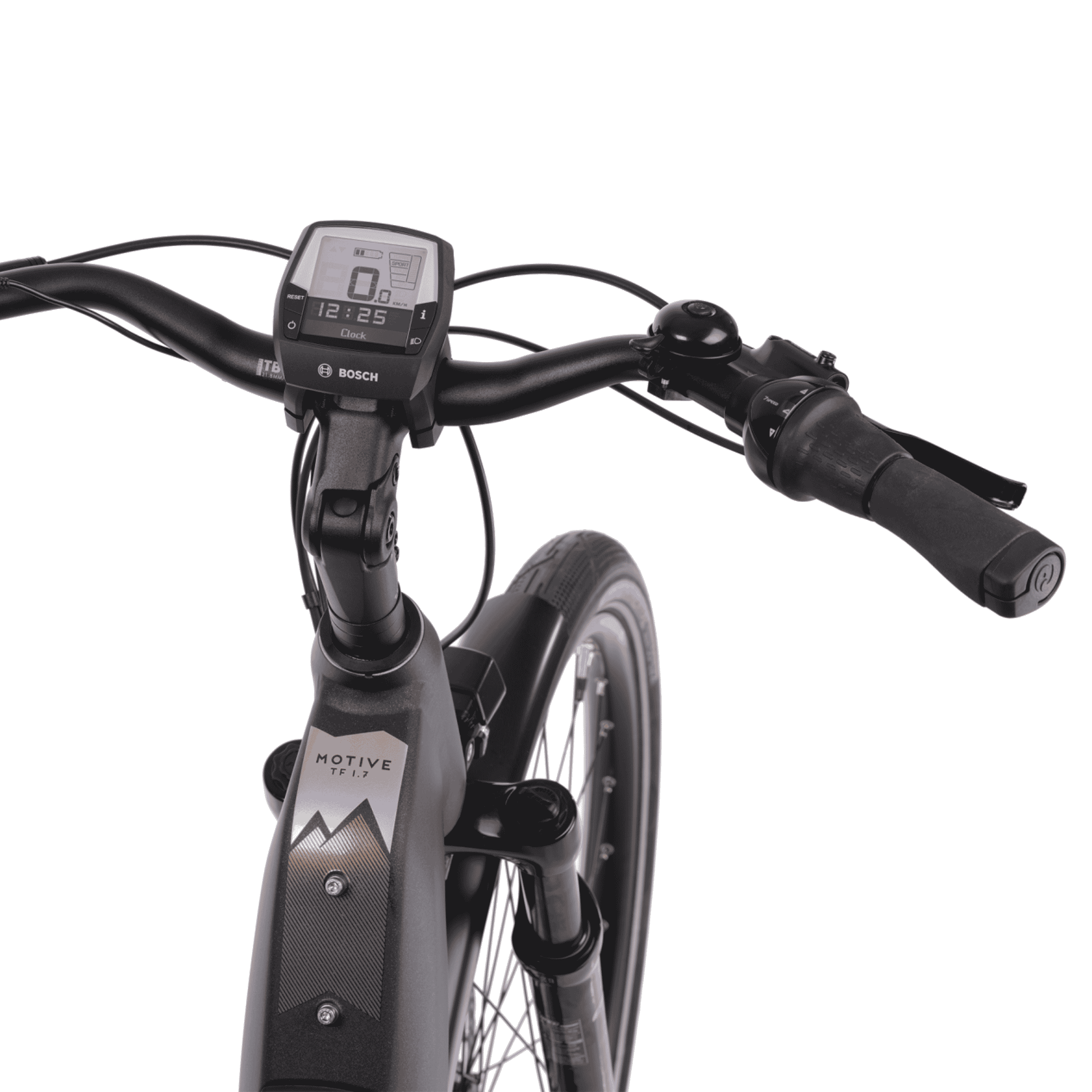 Nahaufnahme eines Fahrradlenkers mit Display und schwarzen Bedienelementen.