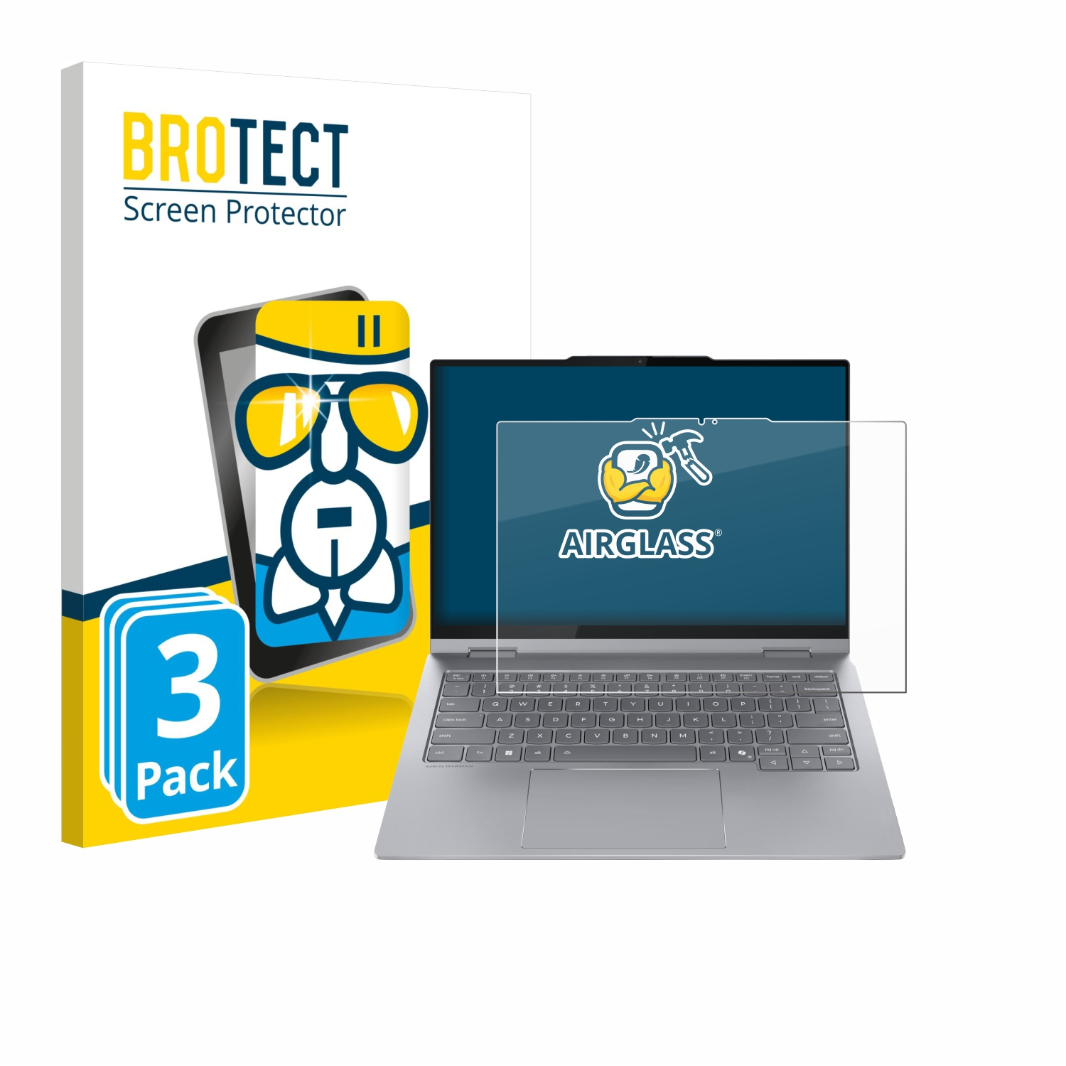 Ein Laptop mit Displayschutzbox und aufgesetztem Displayschutz. Der Bildschirm zeigt 'AIRGLASS'.