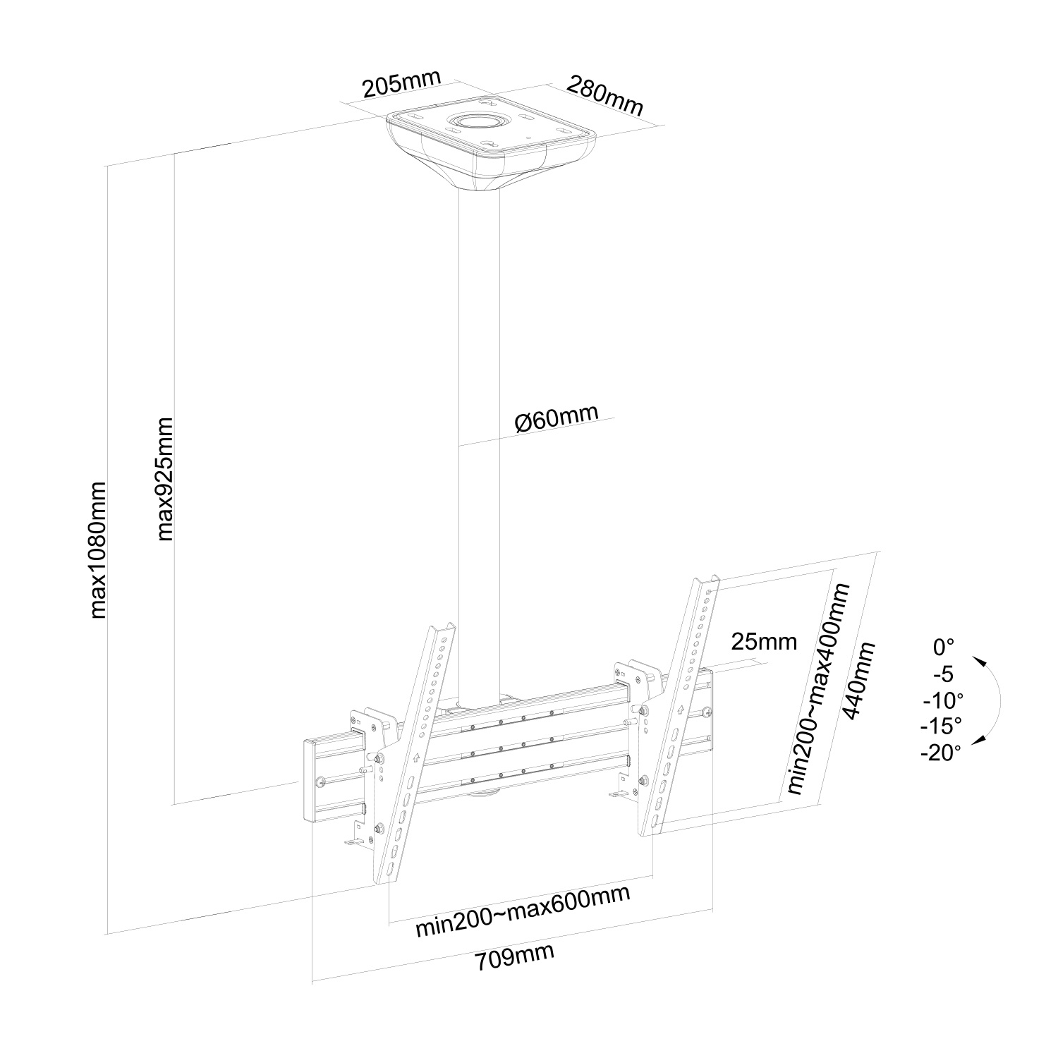 Un disegno tecnico di un supporto a soffitto per TV, con dimensioni e angoli etichettati.