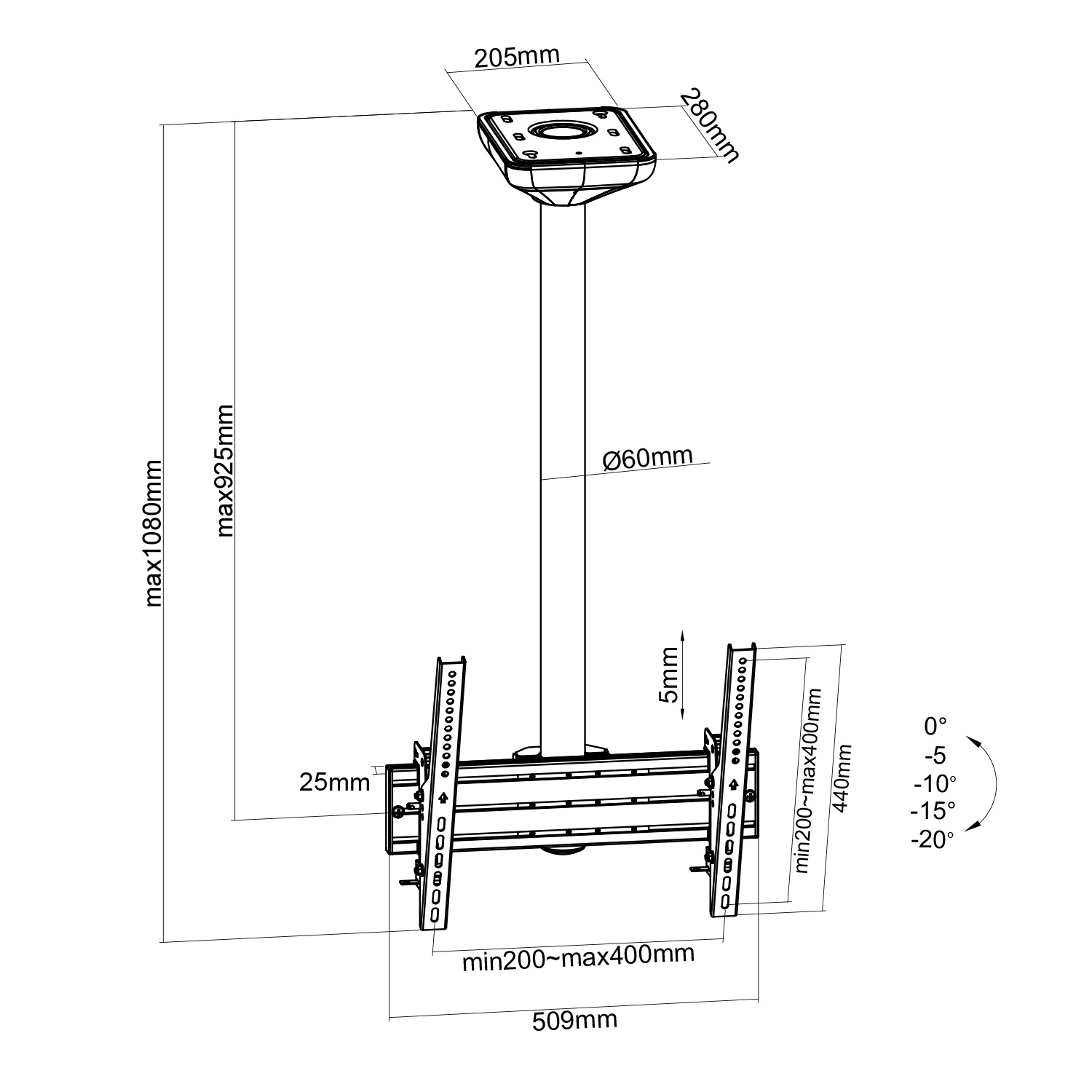 Una staffa per TV a soffitto, con dimensioni e angoli indicati in un disegno tecnico.