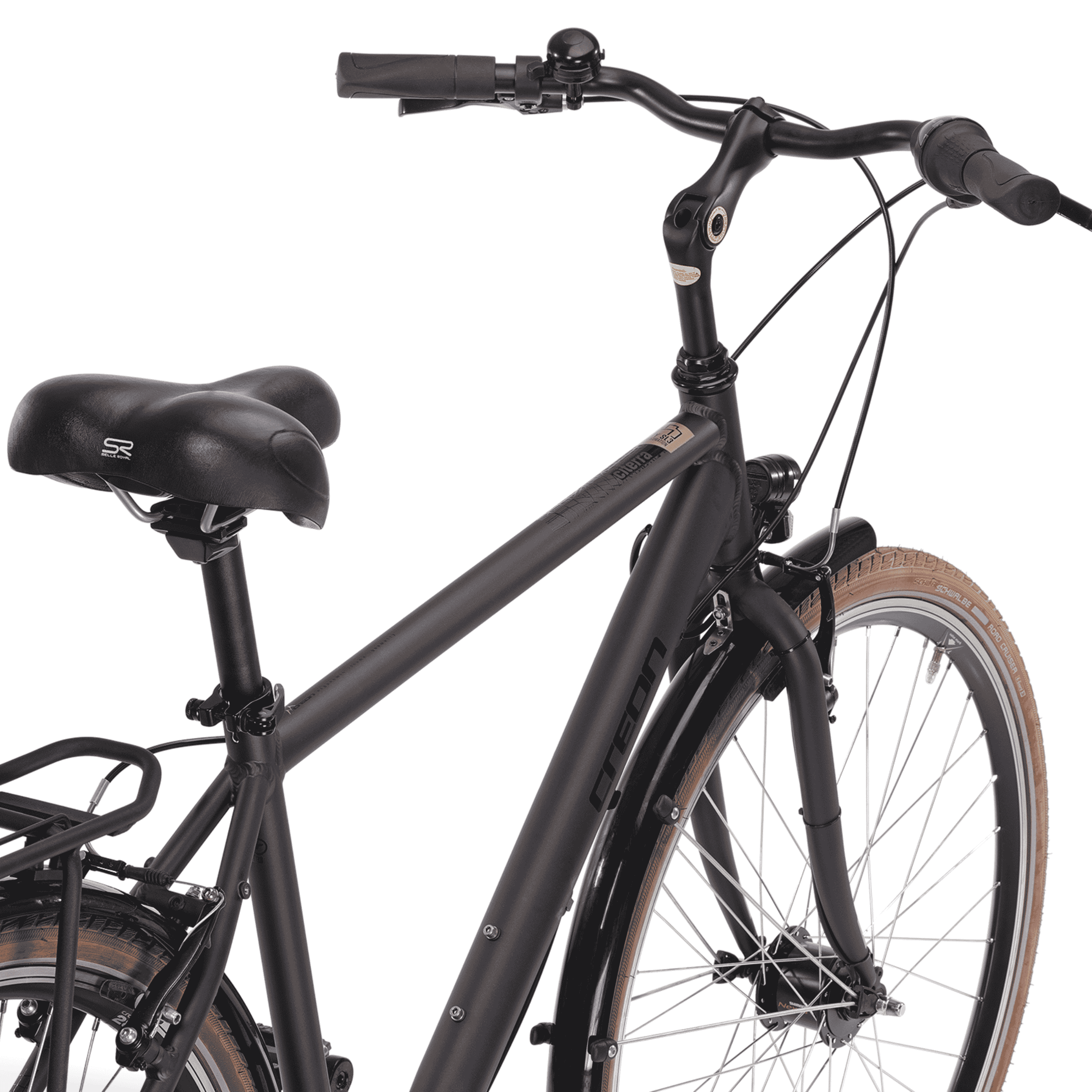 Schwarzes Fahrrad mit braunem Reifen. Nahaufnahme von Lenker und Sattel.