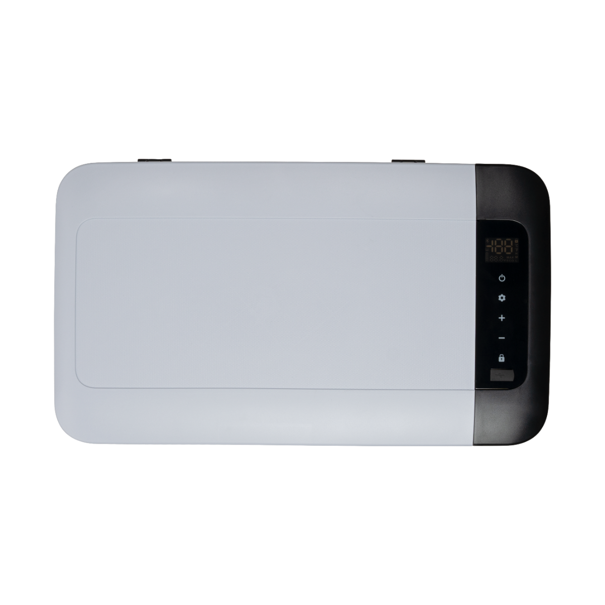 Un appareil électronique blanc et noir avec un écran et des boutons, sur fond noir.
