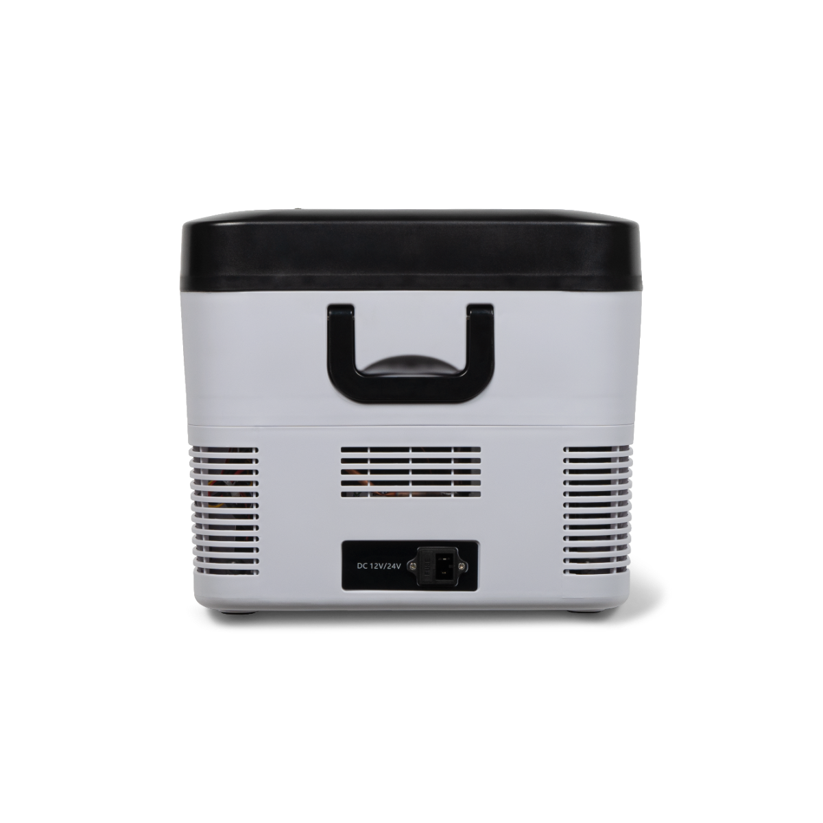 Réfrigérateur portable blanc et noir avec poignée et entrée d'alimentation.