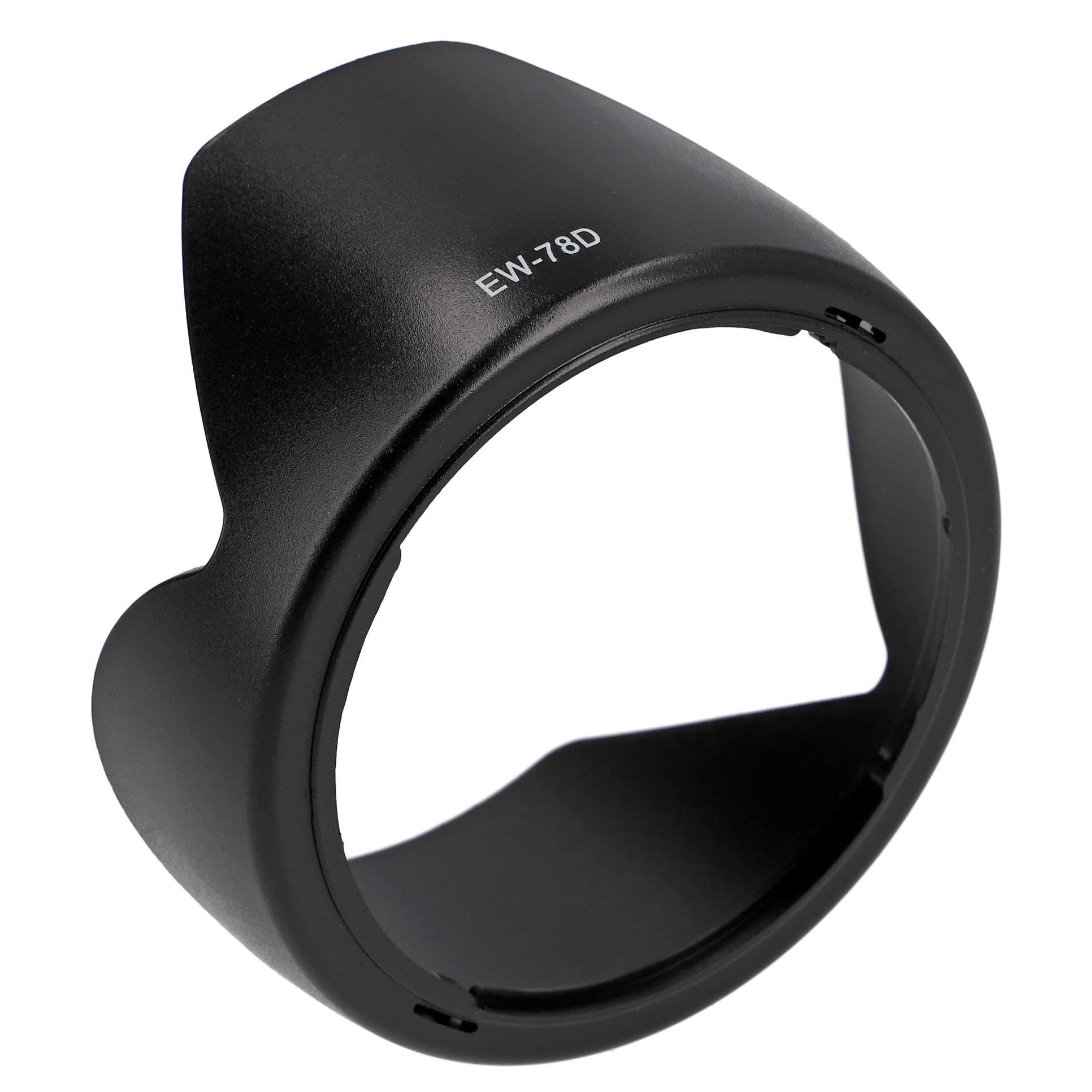 Schwarze Kamera-Objektivsonnenblende, zylindrische Form, Marke 'EW-78D'.