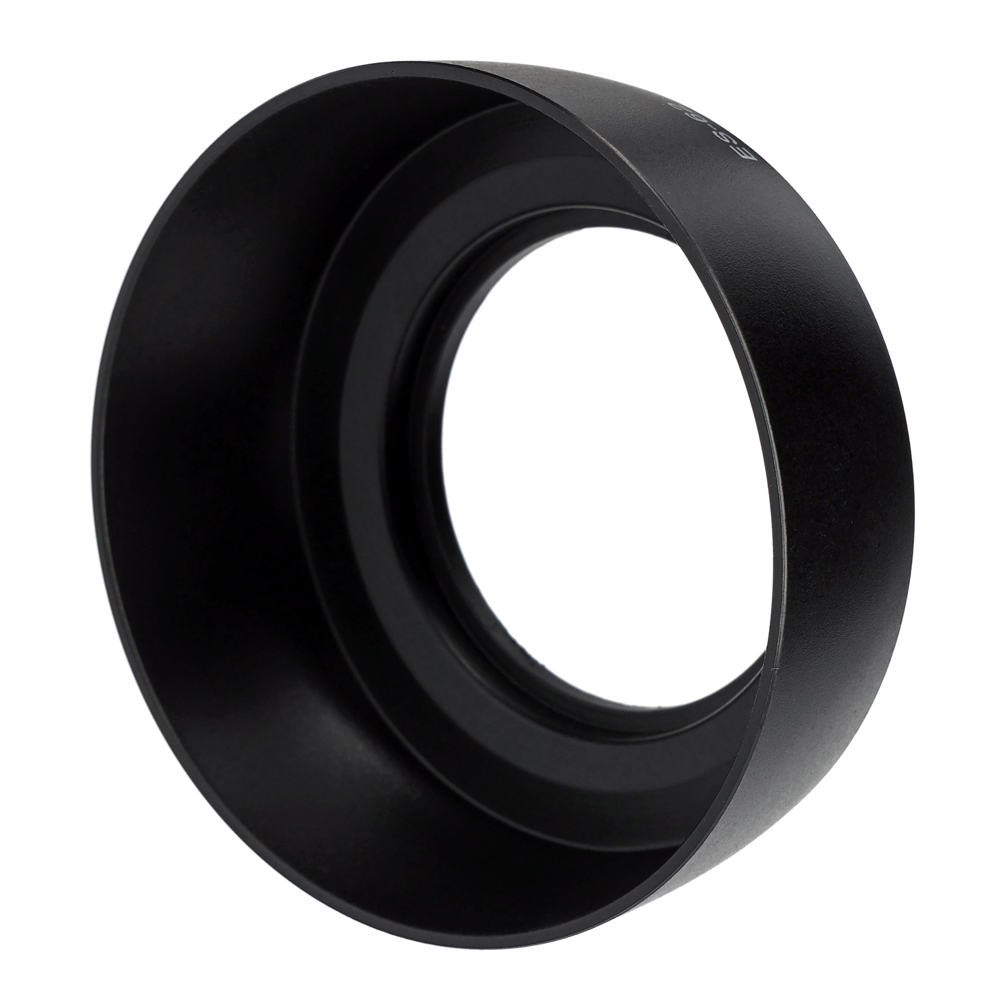 Eine schwarze Objektivsonnenblende, zylindrische Form, mit weißem Hintergrund.