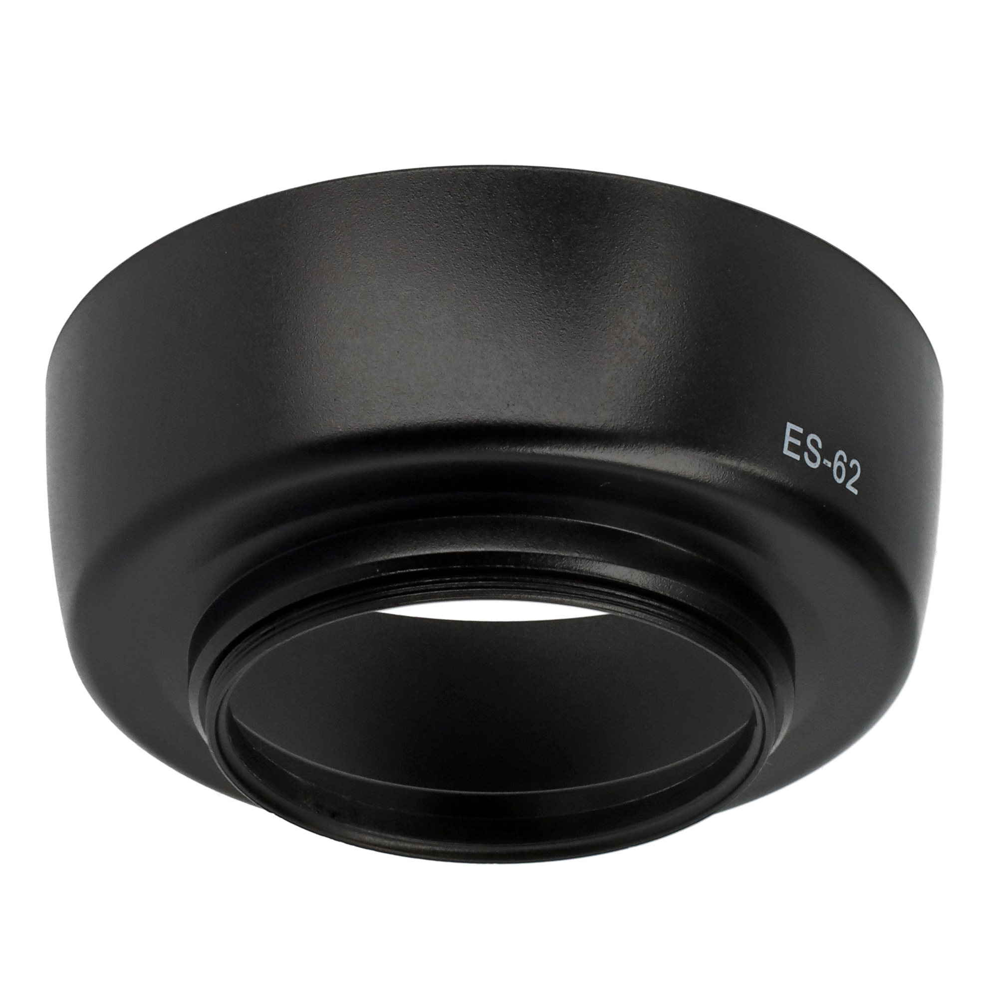 Schwarze Kamera-Objektivsonnenblende mit dem Text 'ES-62'. Die Sonnenblende ist vor weißem Hintergrund.