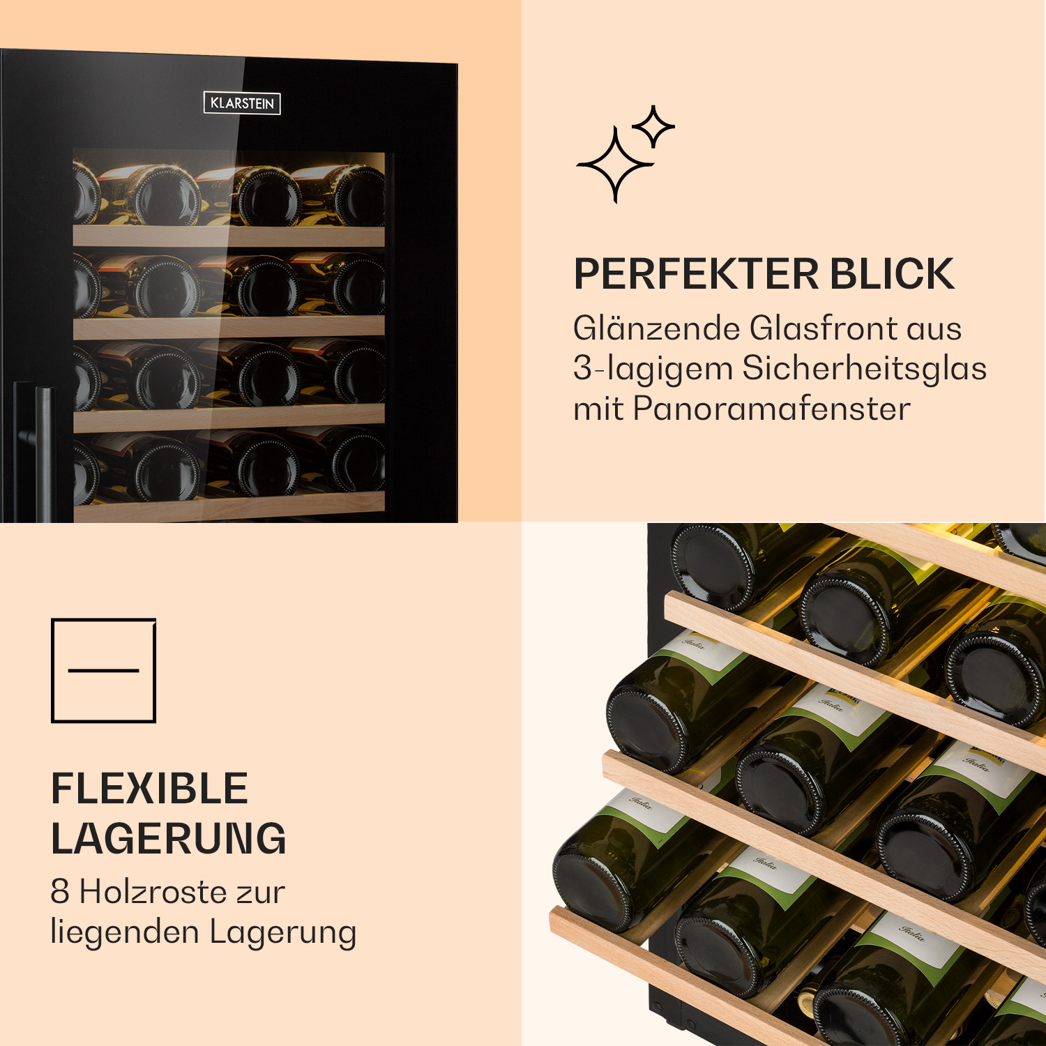Enfriador de vino negro con botellas dentro. Texto: Vista perfecta. Almacenamiento flexible. Estantes de madera. Puerta de cristal.