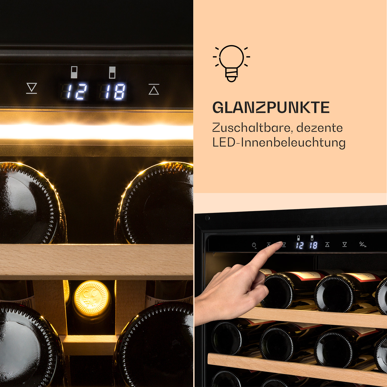Primer plano de una vinoteca con botellas iluminadas y panel de control mostrando la temperatura.