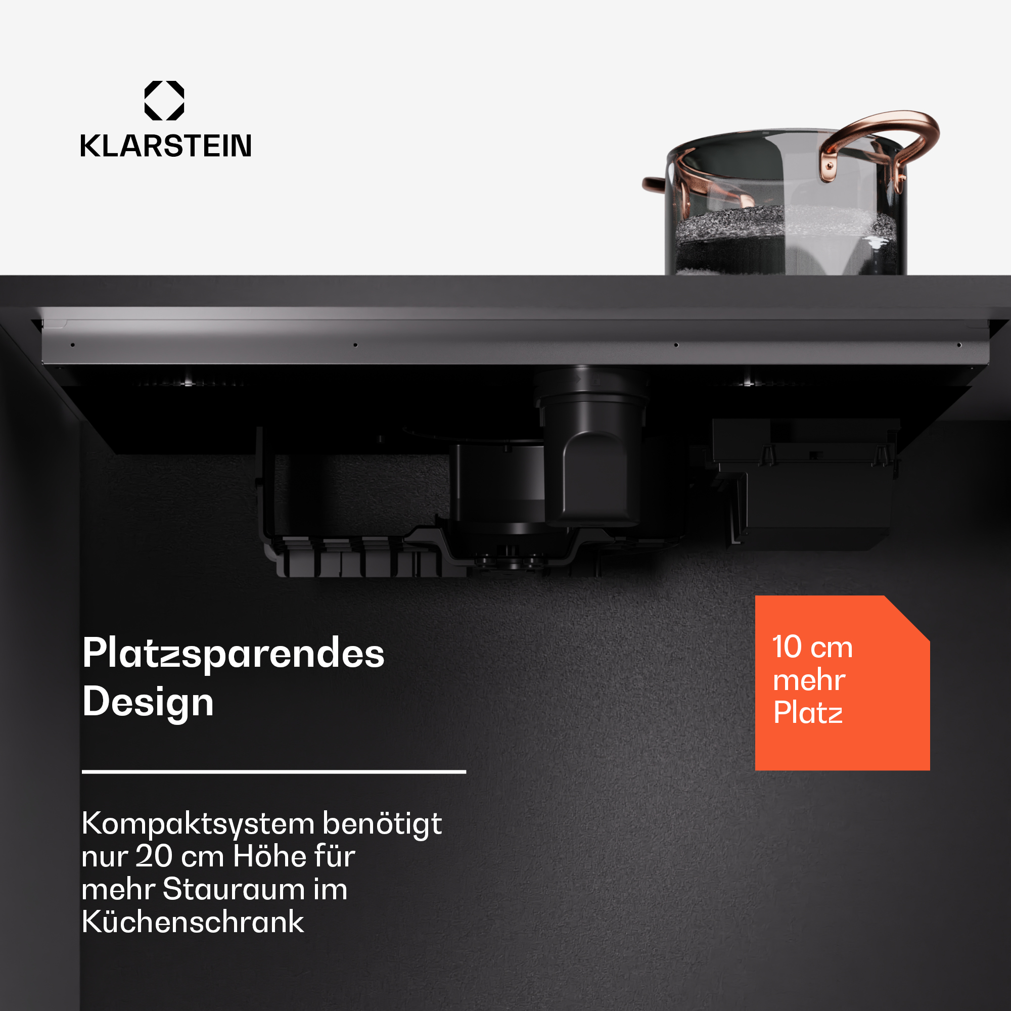 Ein schwarzer Küchenschrank mit eingebauter Dunstabzugshaube und einem Topf auf der Arbeitsplatte.