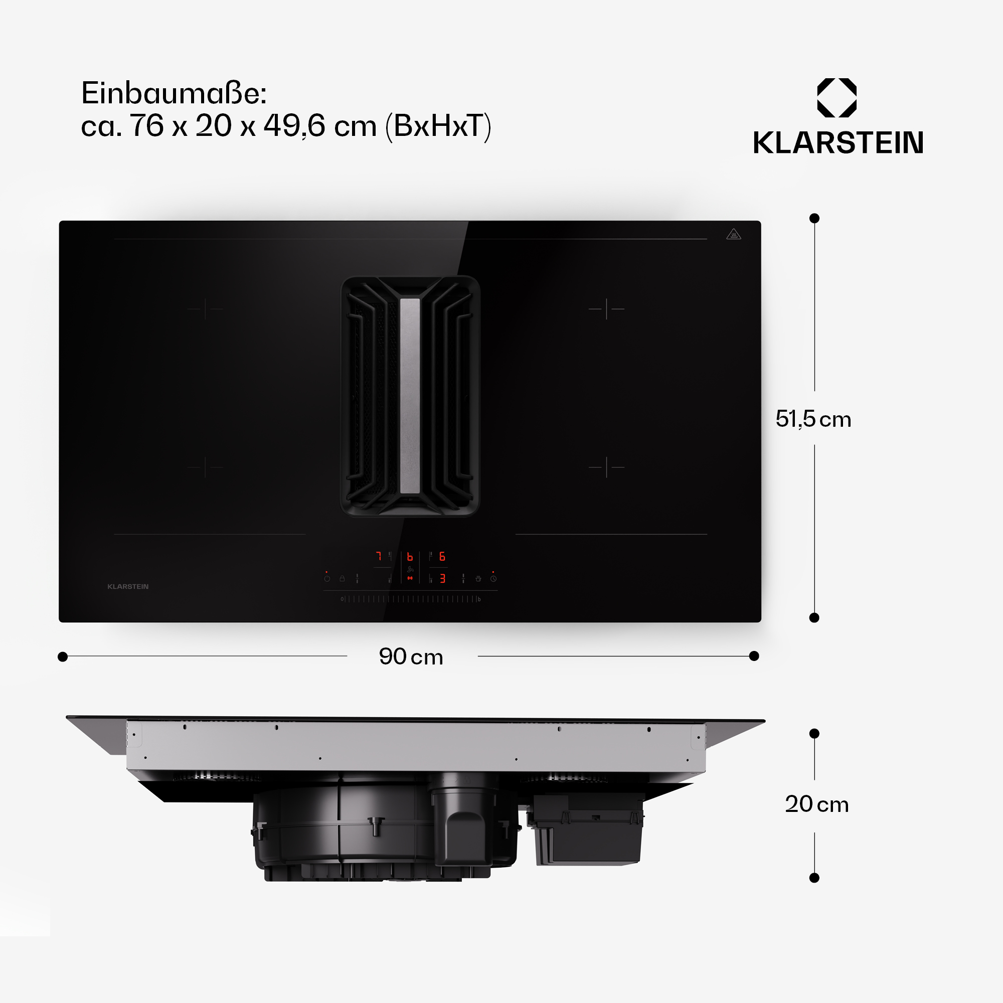 Ein schwarzes Klarstein-Induktionskochfeld mit Downdraft-Belüftung auf weißem Hintergrund.