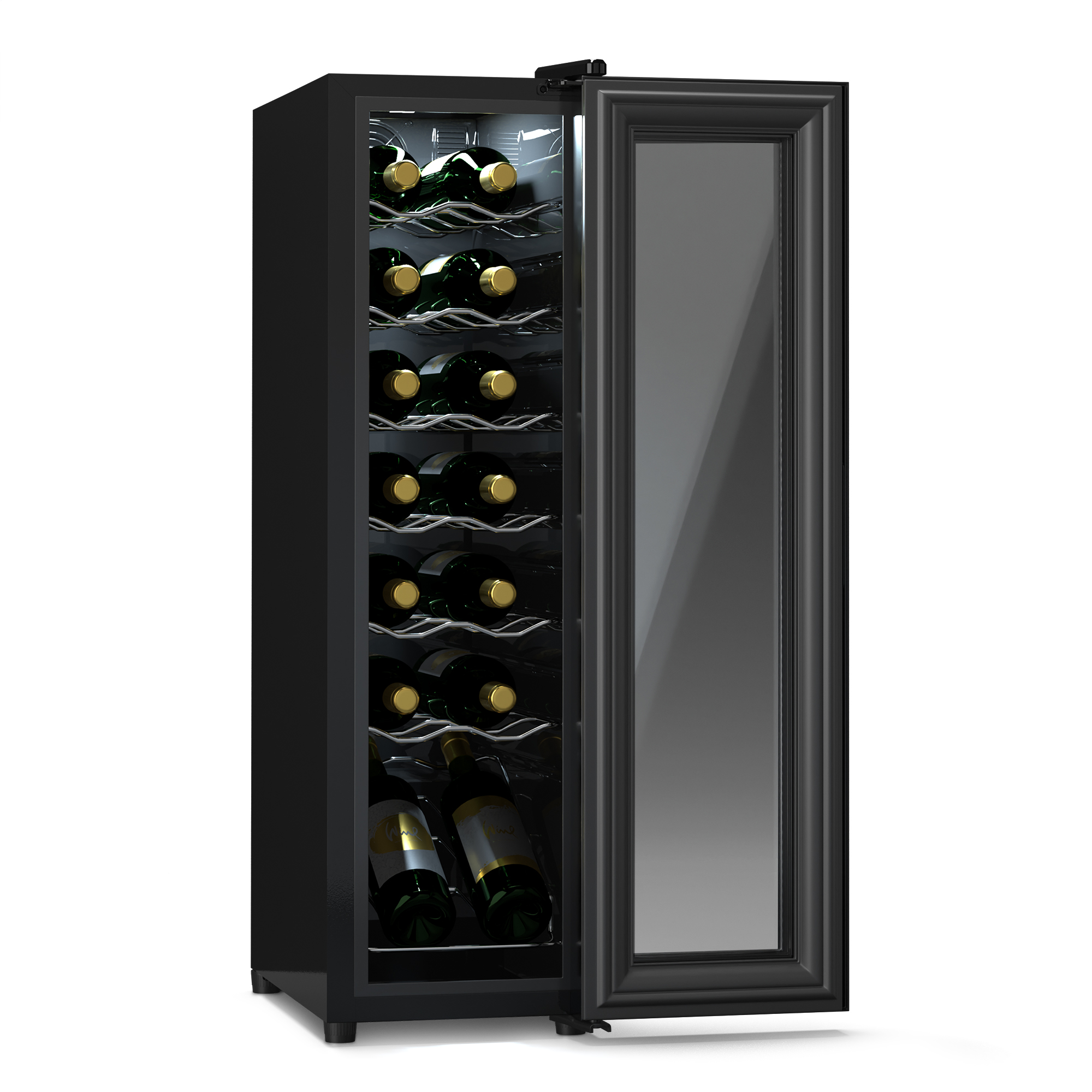 Frigorifero per vino nero con porta in vetro e bottiglie all'interno.