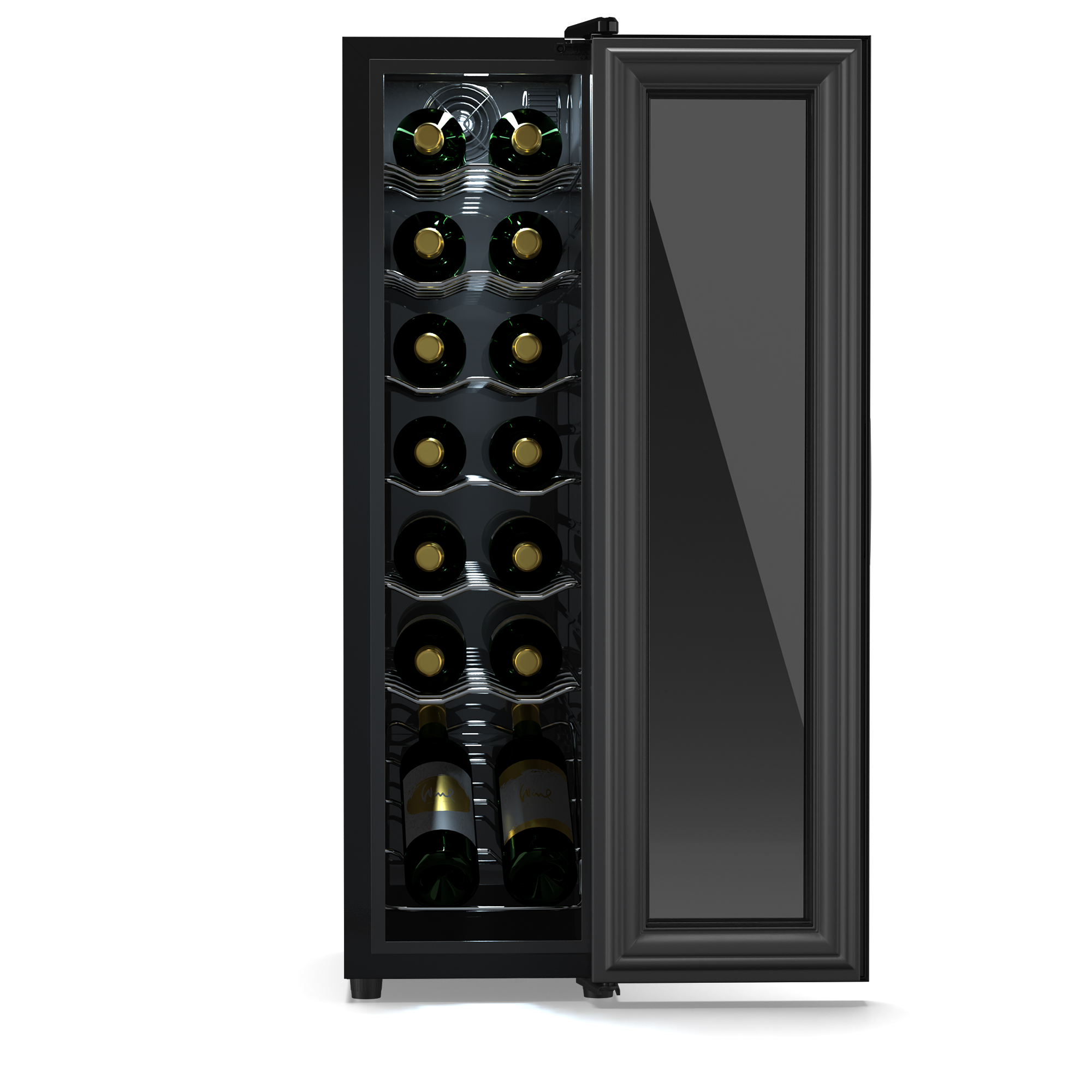 Cantinetta vino con porta a vetri aperta, piena di bottiglie di vino con etichette verdi.