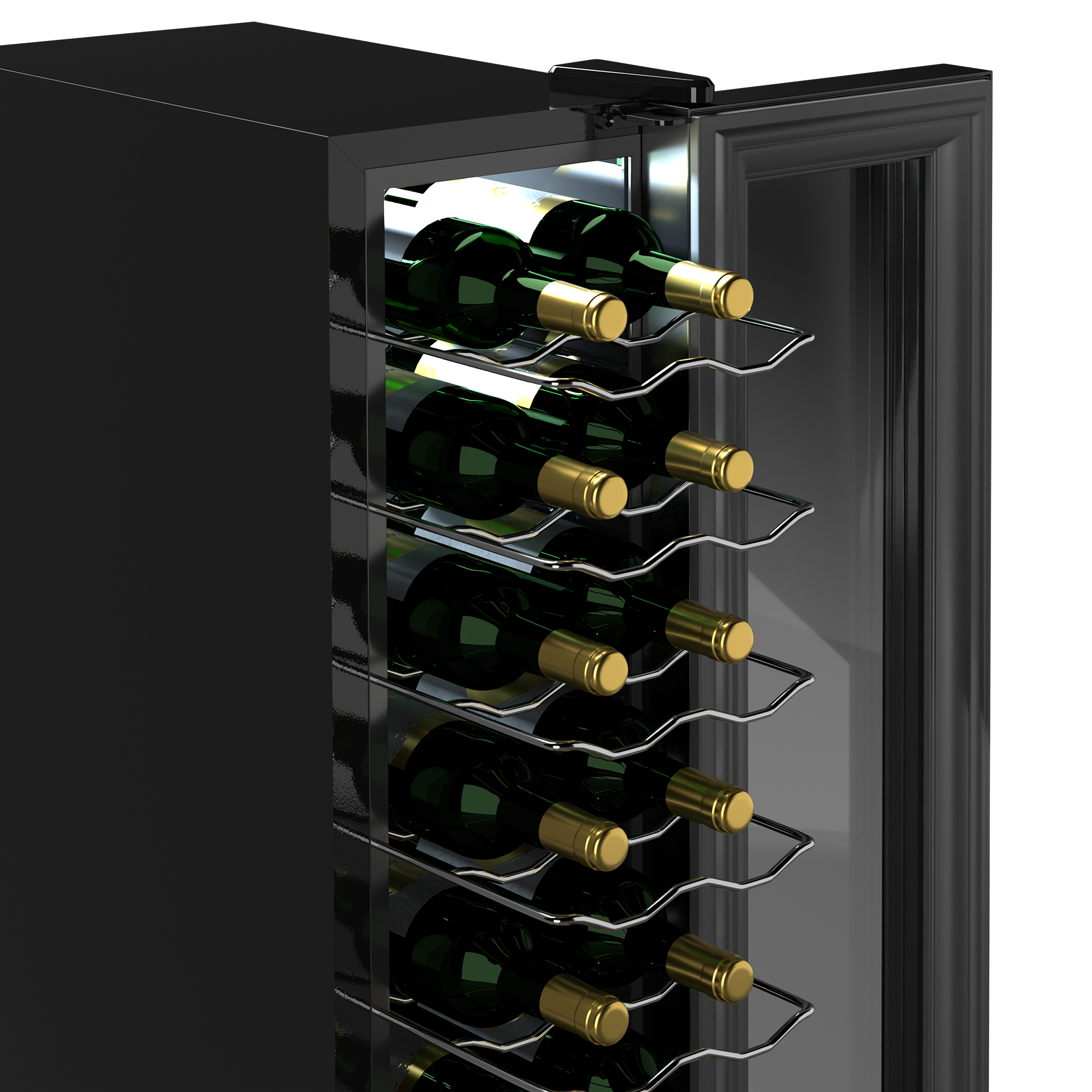 Un refrigeratore per vino nero con bottiglie di vino all'interno. La porta è aperta.