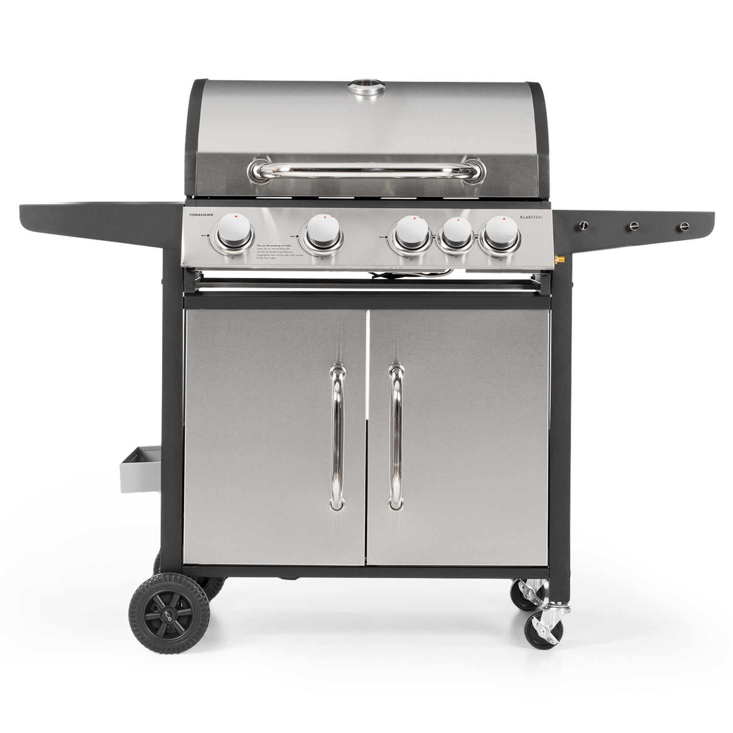 Gasgrill aus Edelstahl mit Seitenbrenner und Aufbewahrungsschrank auf weißem Hintergrund.