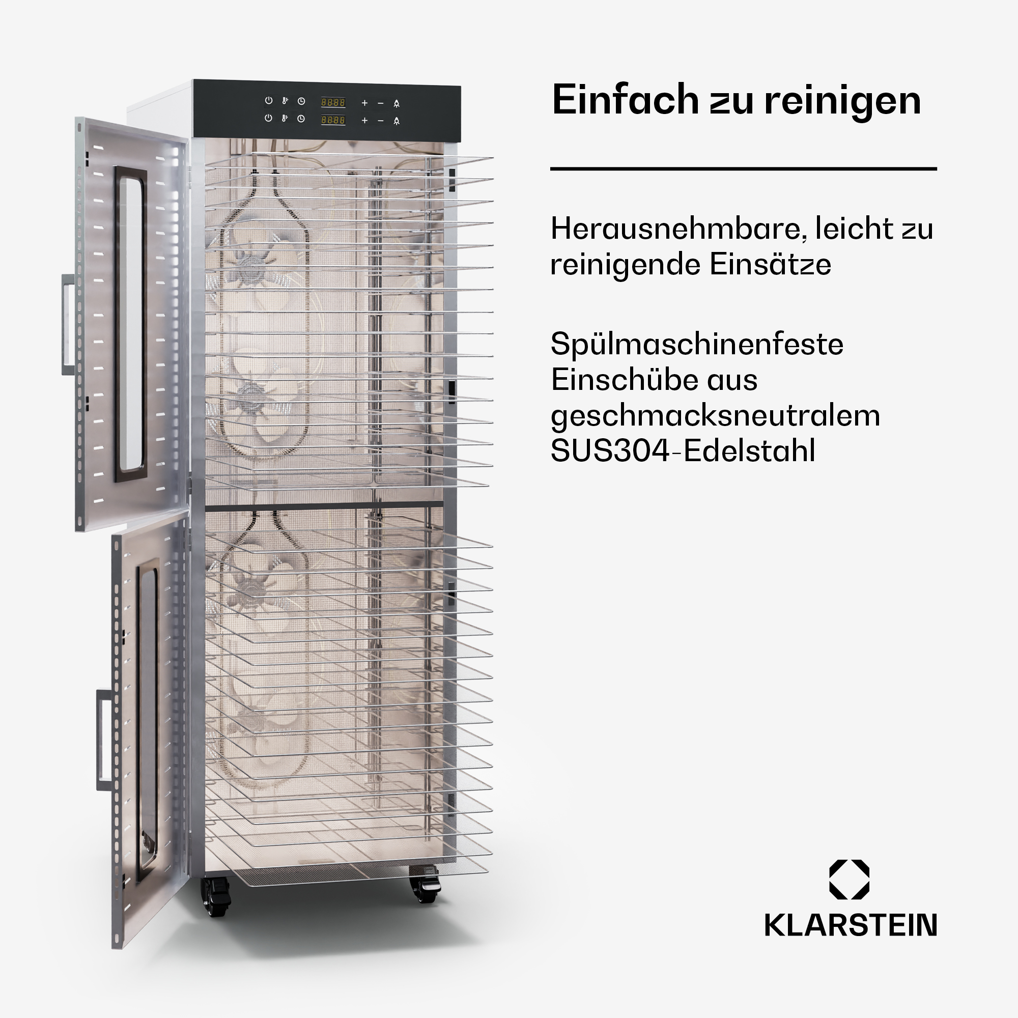 Edelstahl-Lebensmitteltrockner mit offenen Türen, Text auf Deutsch.