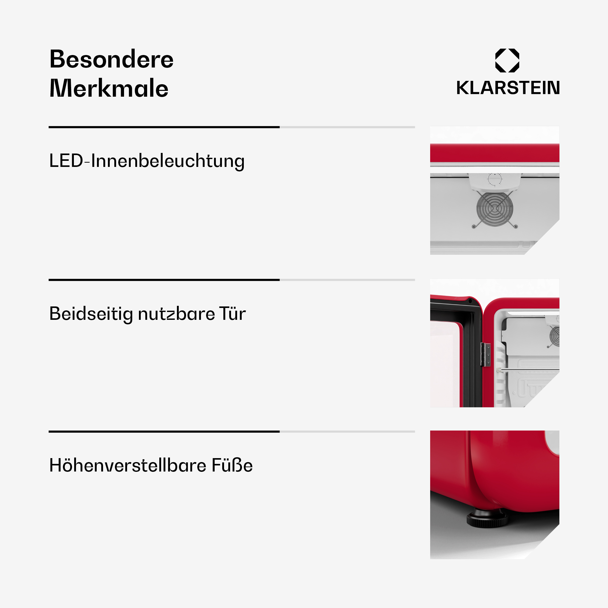 Nahaufnahme eines roten Mini-Kühlschranks mit beschreibendem Text. Merkmale sind LED-Beleuchtung und verstellbare Füße.