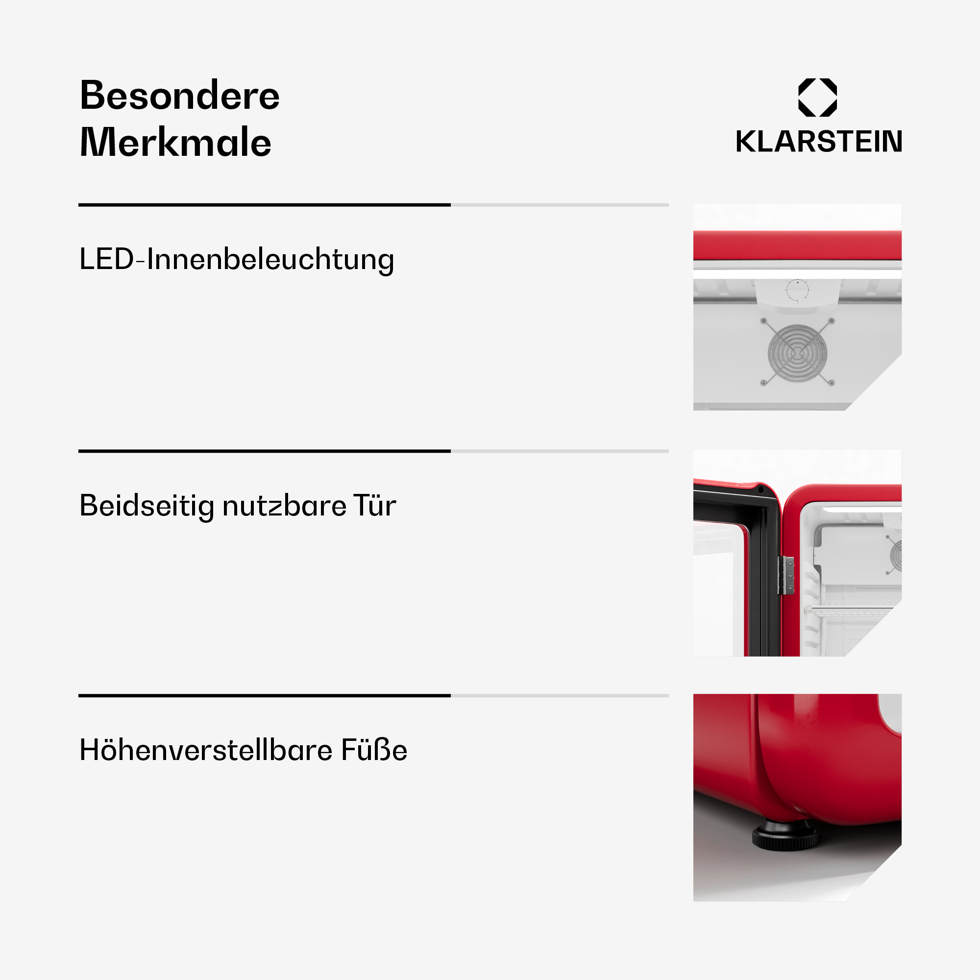 Roter Mini-Kühlschrank mit Text: Besondere Merkmale, LED-Innenbeleuchtung, beidseitig nutzbare Tür, verstellbare Füße.