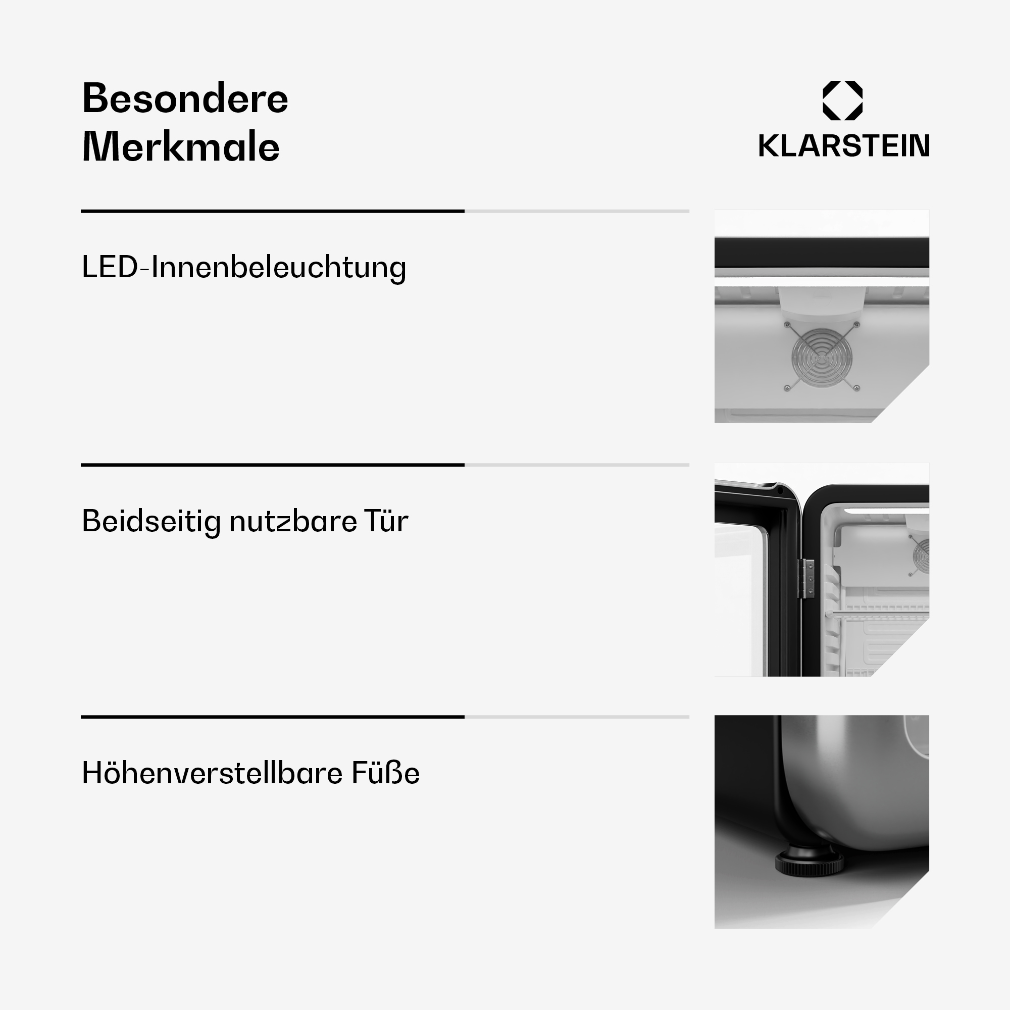 Dettagli di un frigorifero. Le caratteristiche includono illuminazione a LED, una porta e piedini regolabili.